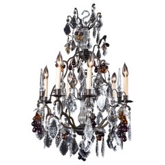 French Louis XV Patinated Bronze & Crystal Chandelier with Grape Motif