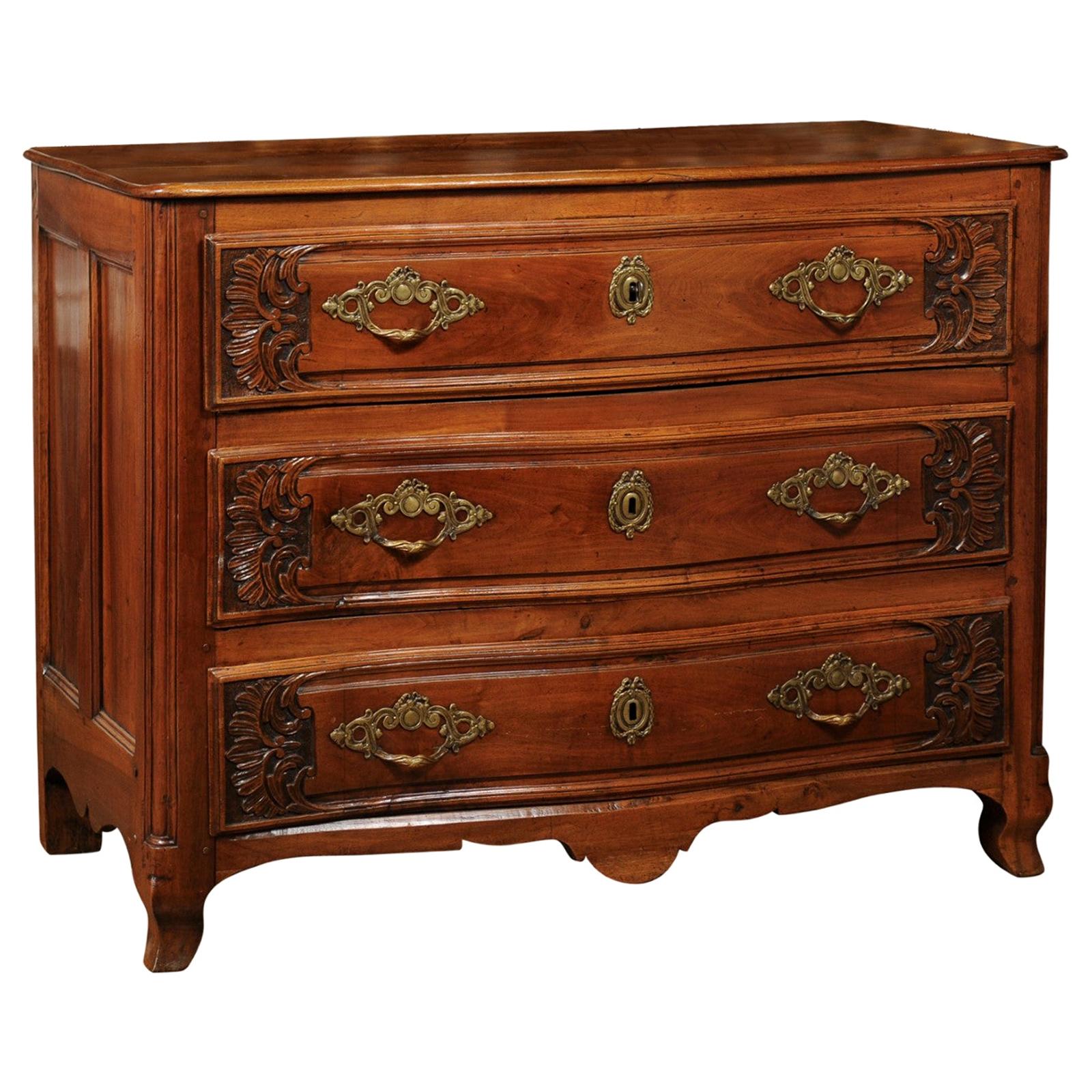 French Louis XV Period 1730s Walnut Three-Drawer Commode from Lyon with Foliage For Sale