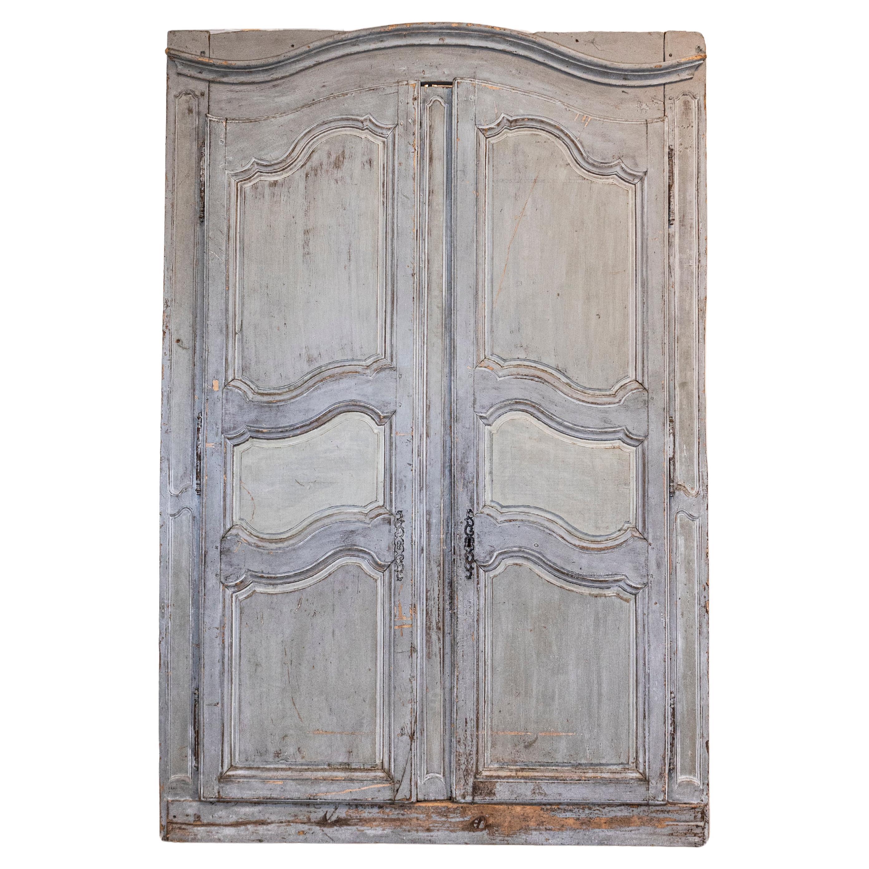 French Louis XV Period 1750s Blue Gray Painted and Carved Wooden Double Doors For Sale