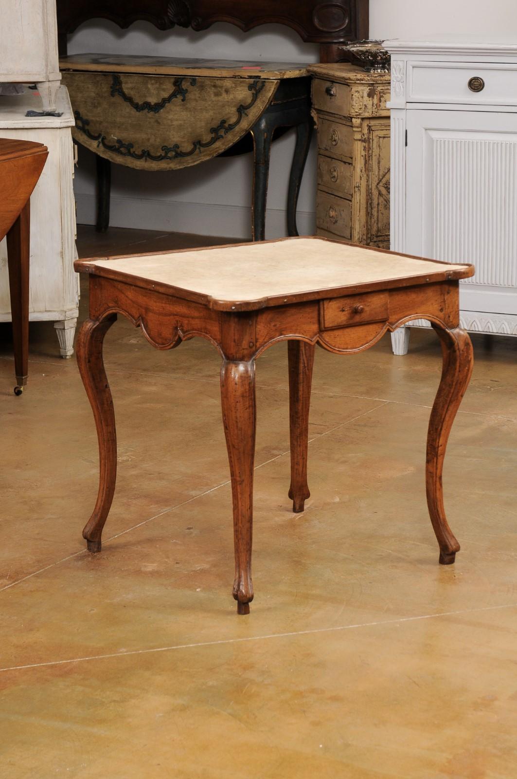 Carved French Louis XV Period 1750s Walnut Game Table with Beige Velvet Fabric For Sale