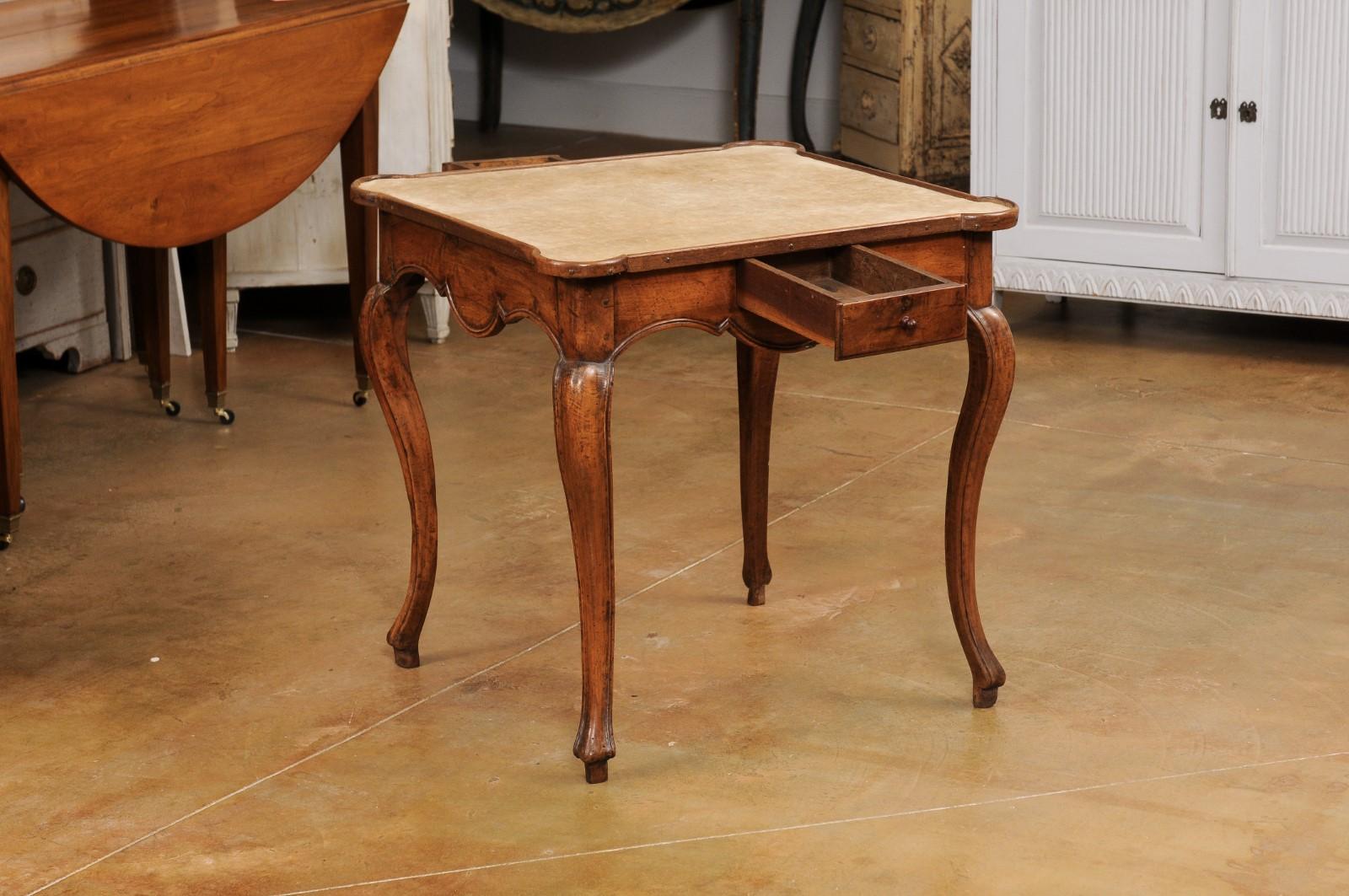 French Louis XV Period 1750s Walnut Game Table with Beige Velvet Fabric In Good Condition For Sale In Atlanta, GA