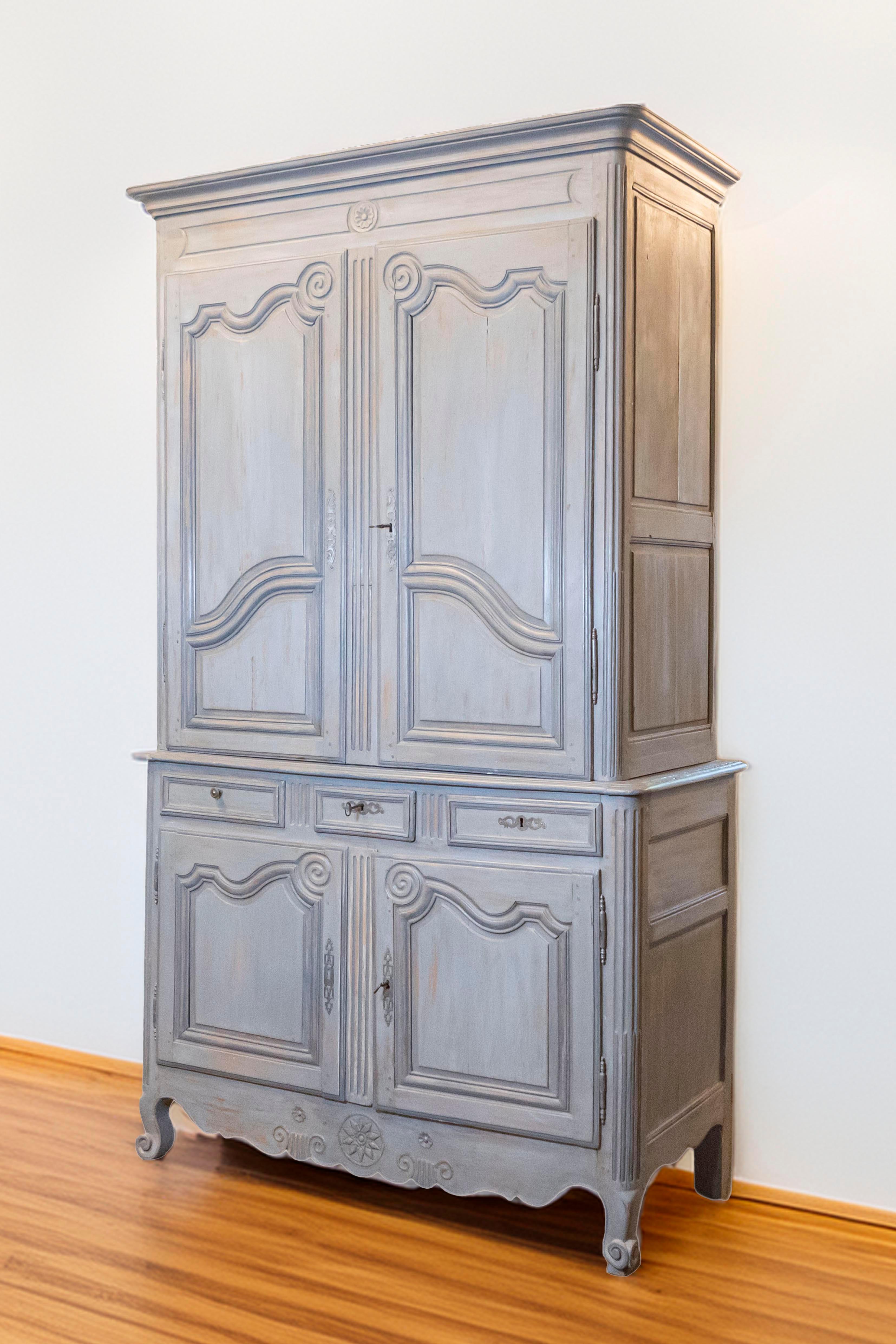 18th Century and Earlier French Louis XV Period 18th Century Painted Buffet à Deux-Corps with Scrolls