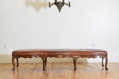 French Louis XV Period Carved Walnut & Leather Upholstered Bench, mid 18th cen.