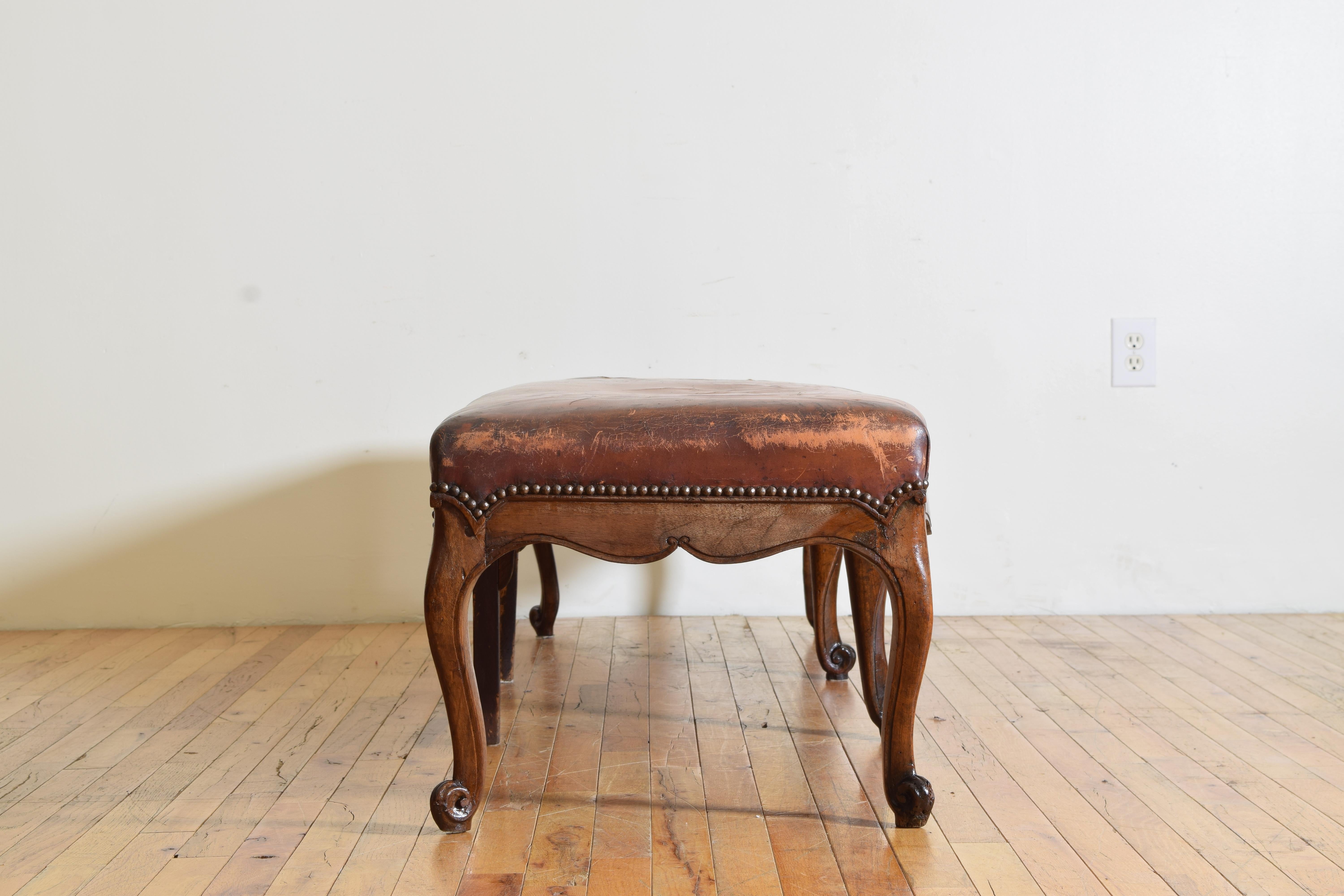 Mid-18th Century French Louis XV Period Carved Walnut & Leather Upholstered Bench, mid 18th cen.