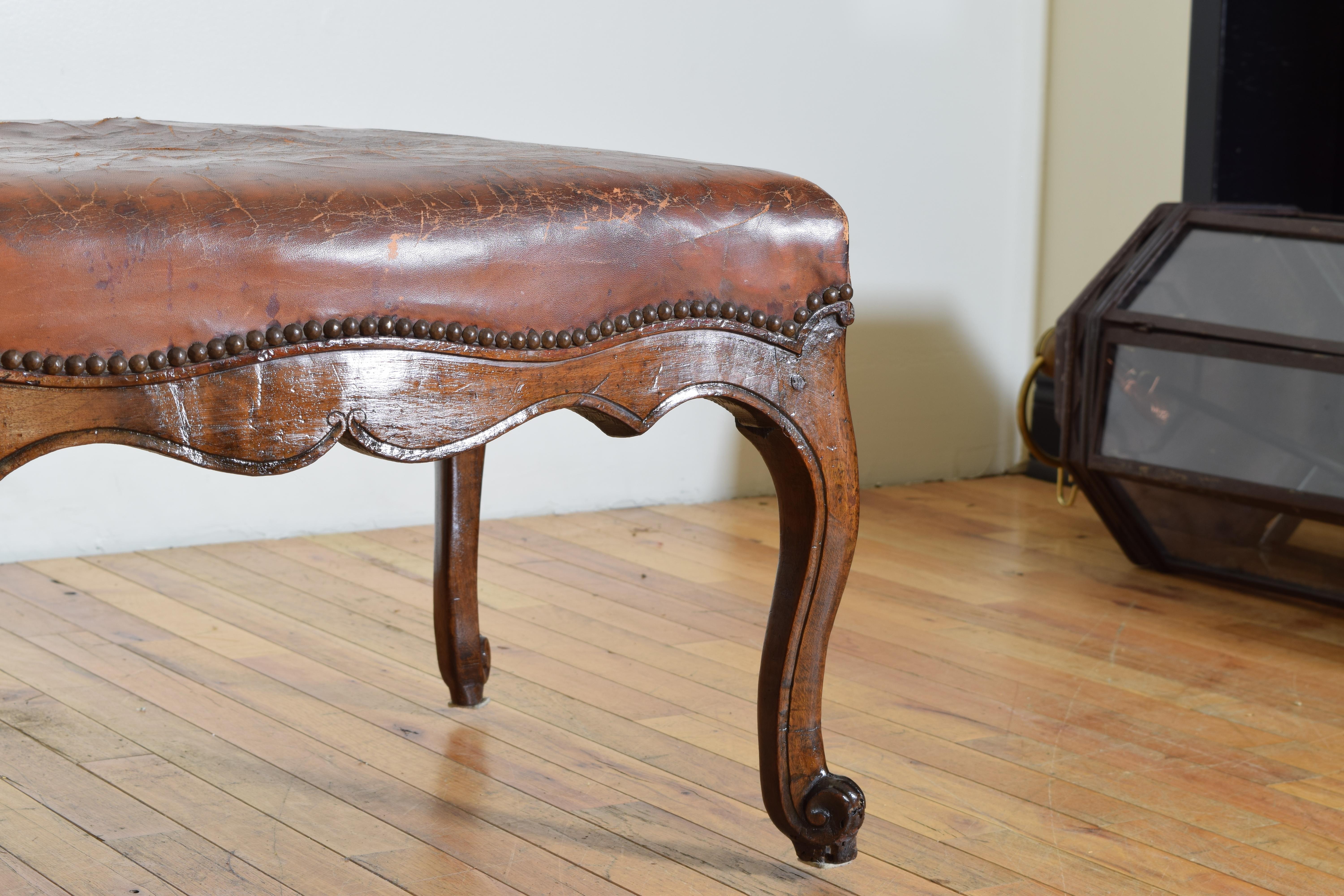French Louis XV Period Carved Walnut & Leather Upholstered Bench, mid 18th cen. 2
