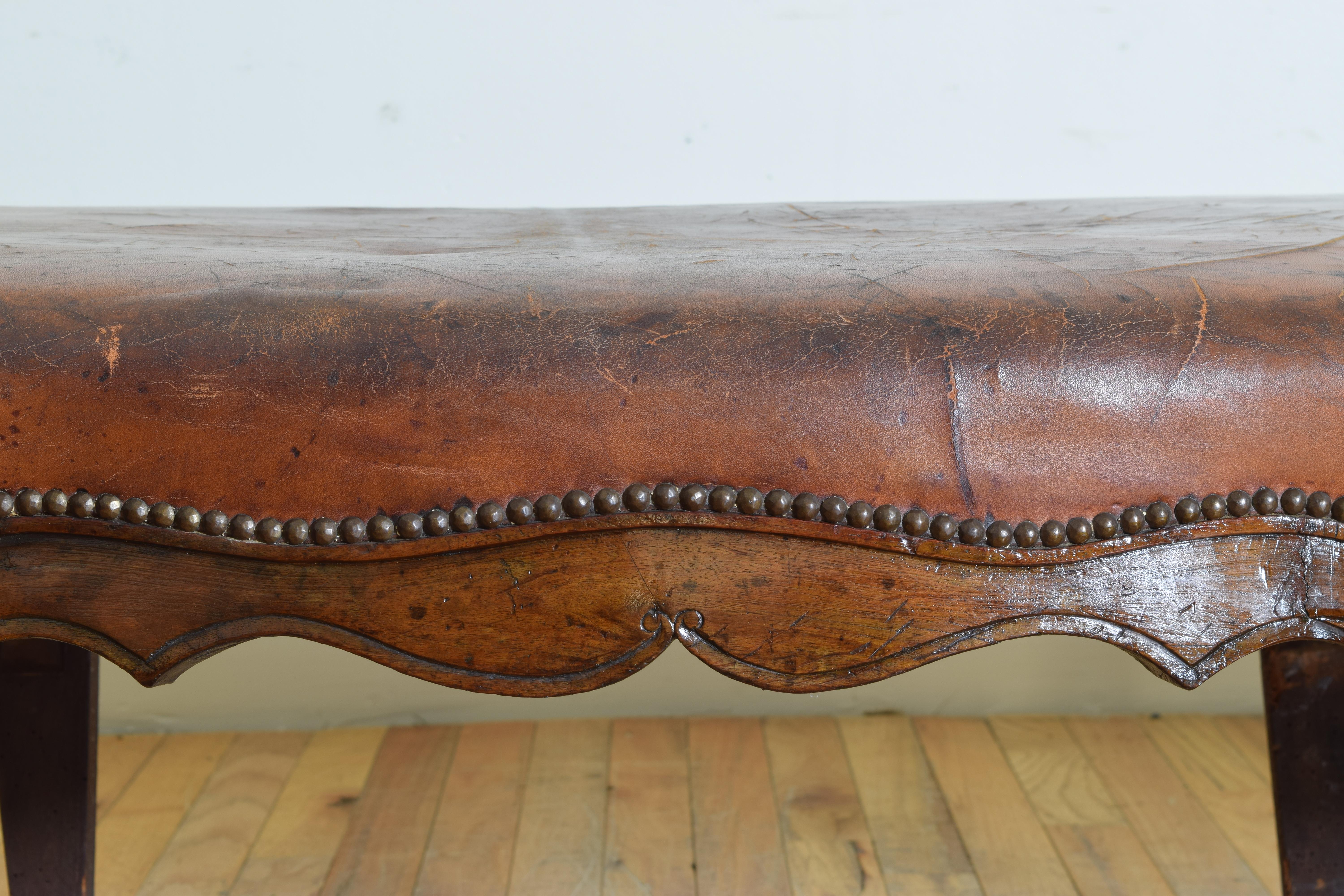 French Louis XV Period Carved Walnut & Leather Upholstered Bench, mid 18th cen. 3