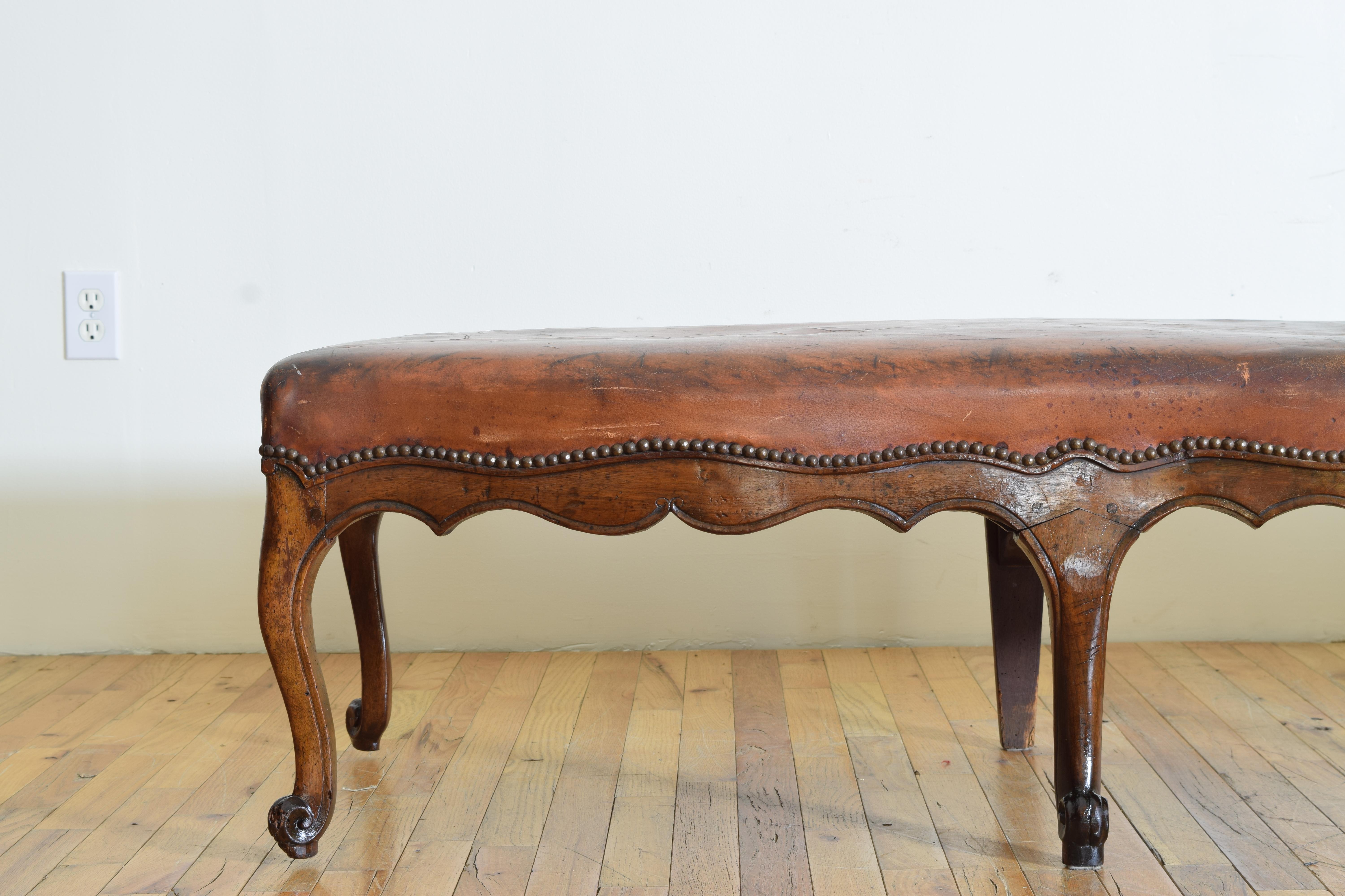 French Louis XV Period Carved Walnut & Leather Upholstered Bench, mid 18th cen. 4