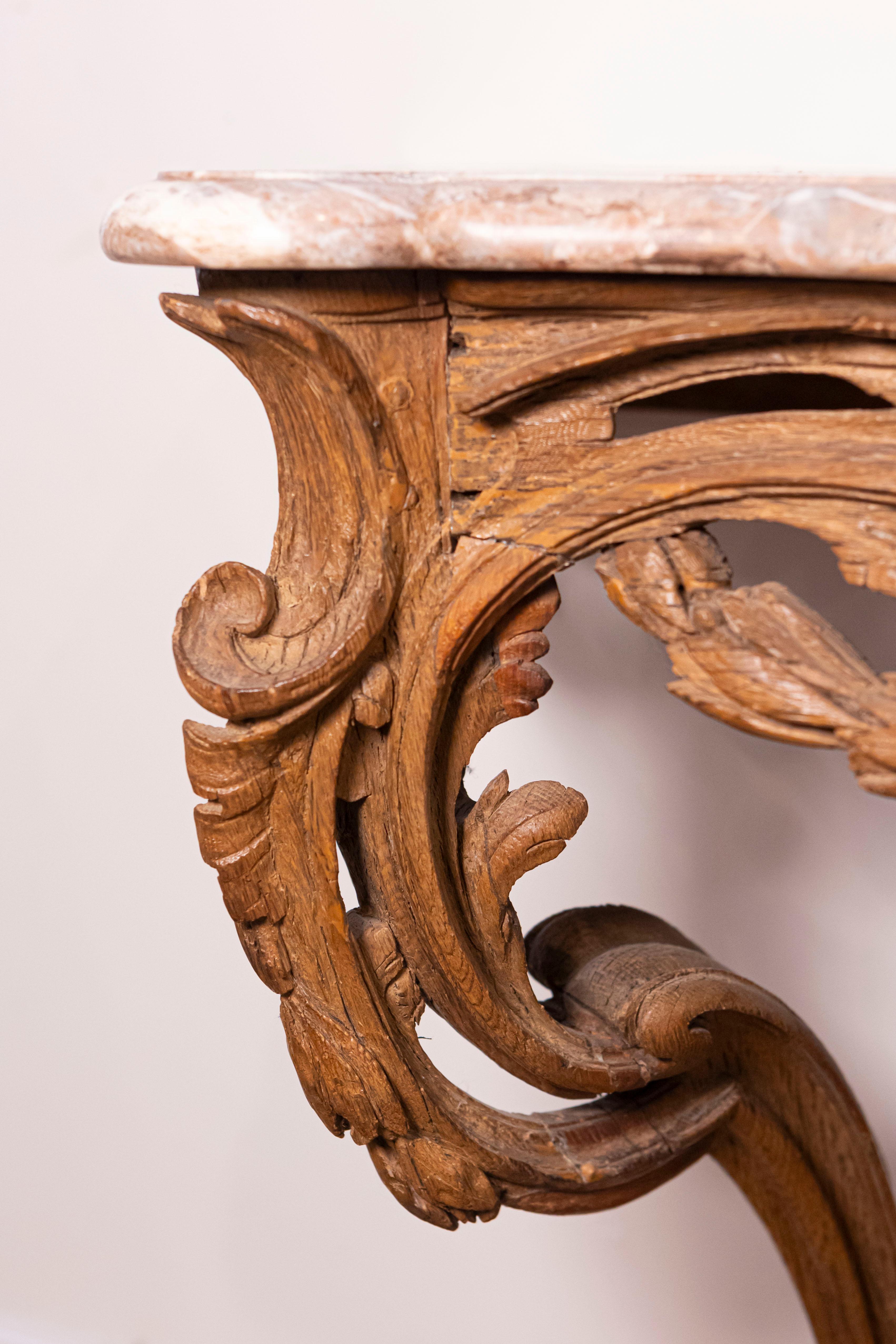 Rococo French Louis XV Period Carved Wood Console Table with Marble Top, circa 1760 For Sale