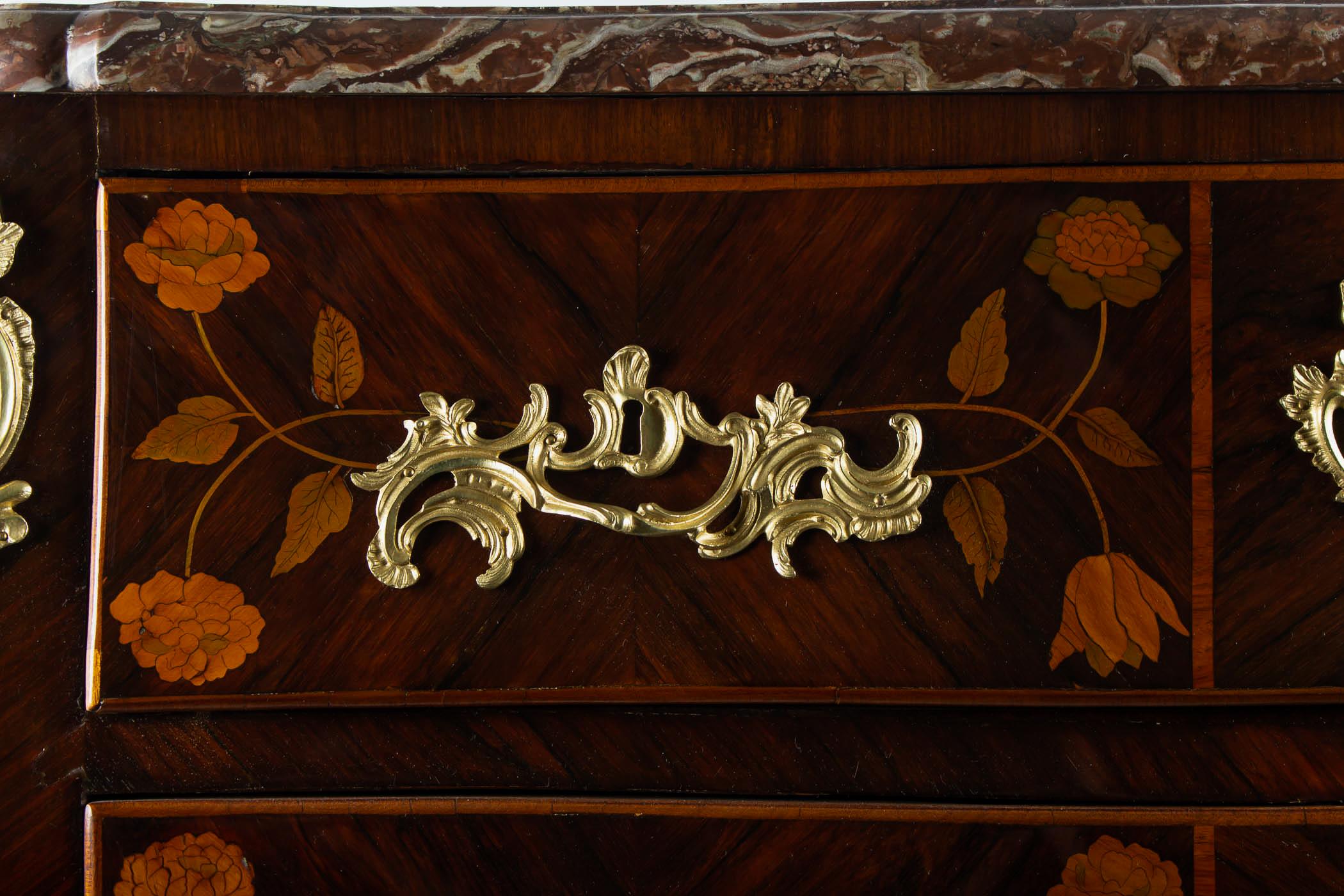 Boxwood French Louis XV Period Flowers Marquetry Commode, circa 1740-1750 For Sale
