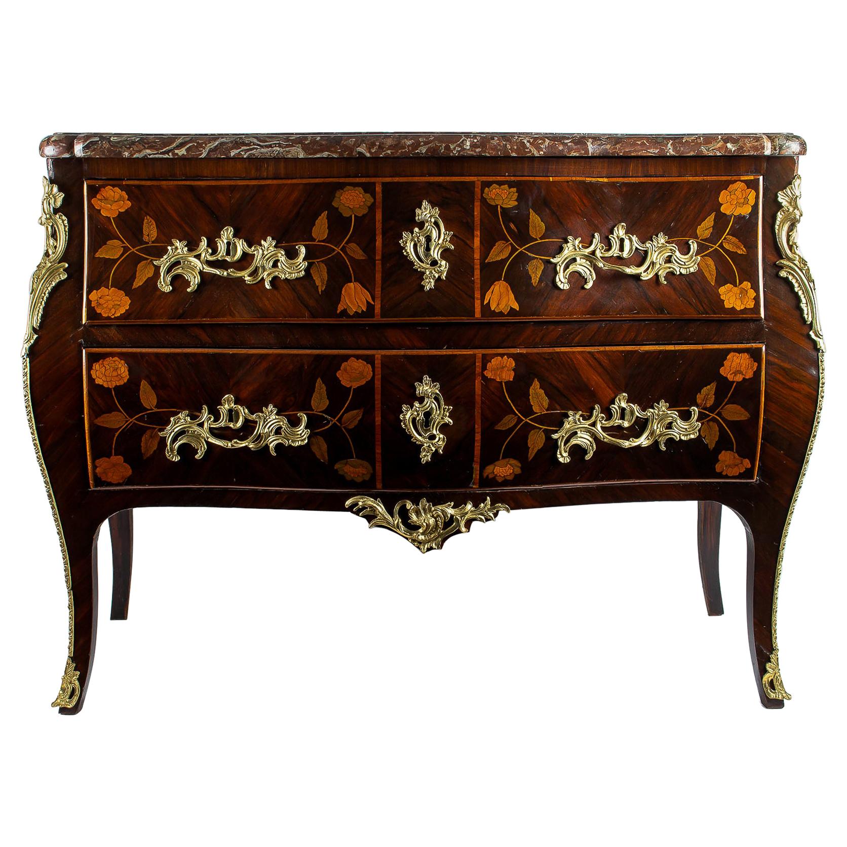 French Louis XV Period Flowers Marquetry Commode, circa 1740-1750 For Sale