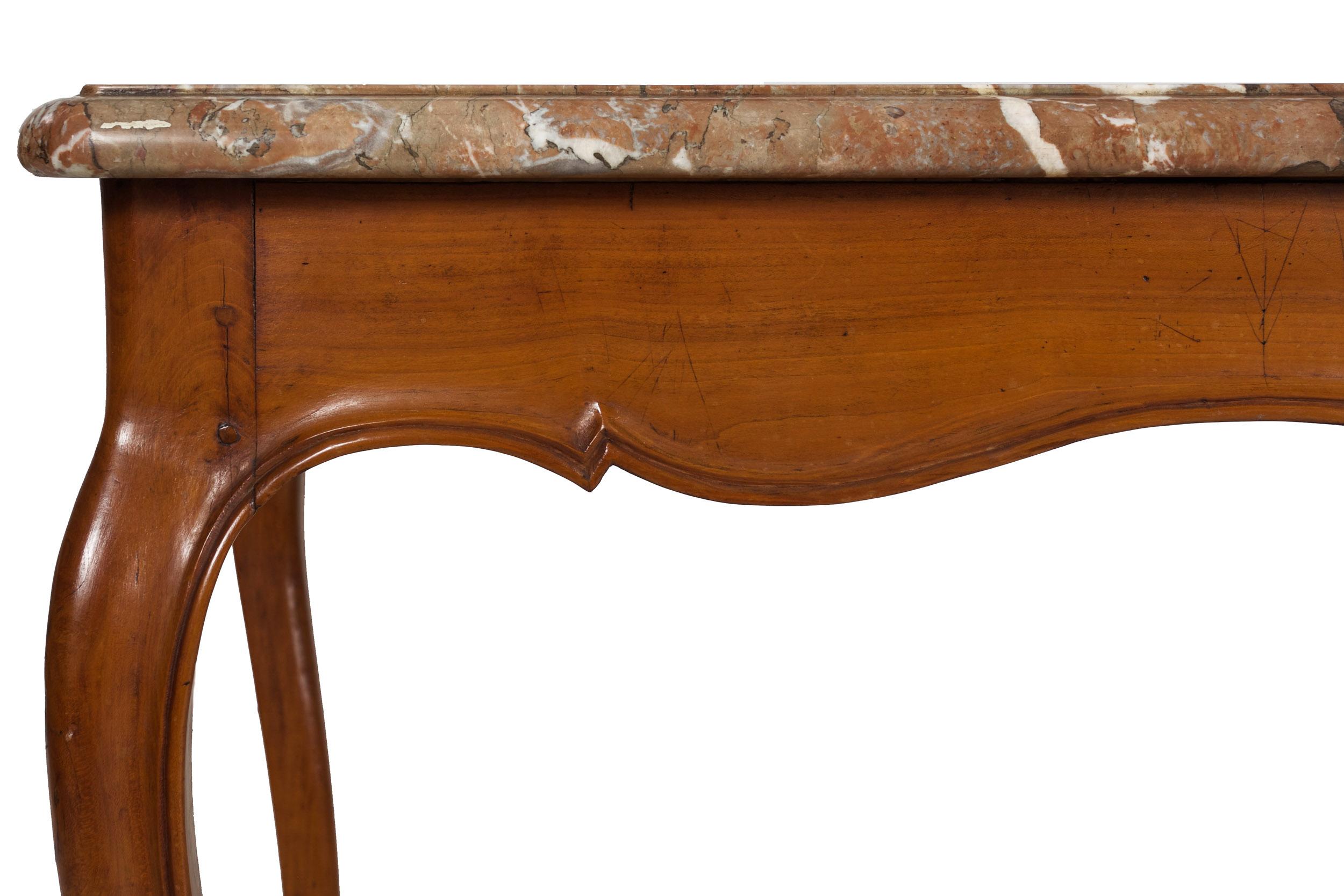 French Louis XV Period Provincial Cherry Center Table with Marble Top, 18th C For Sale 9
