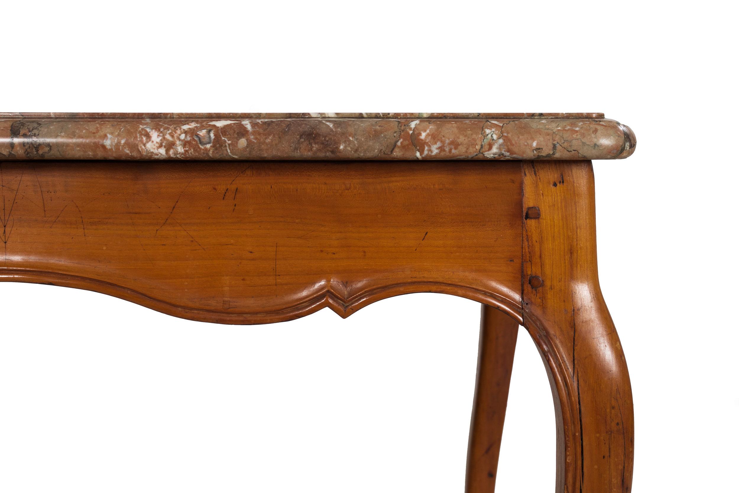 French Louis XV Period Provincial Cherry Center Table with Marble Top, 18th C For Sale 10