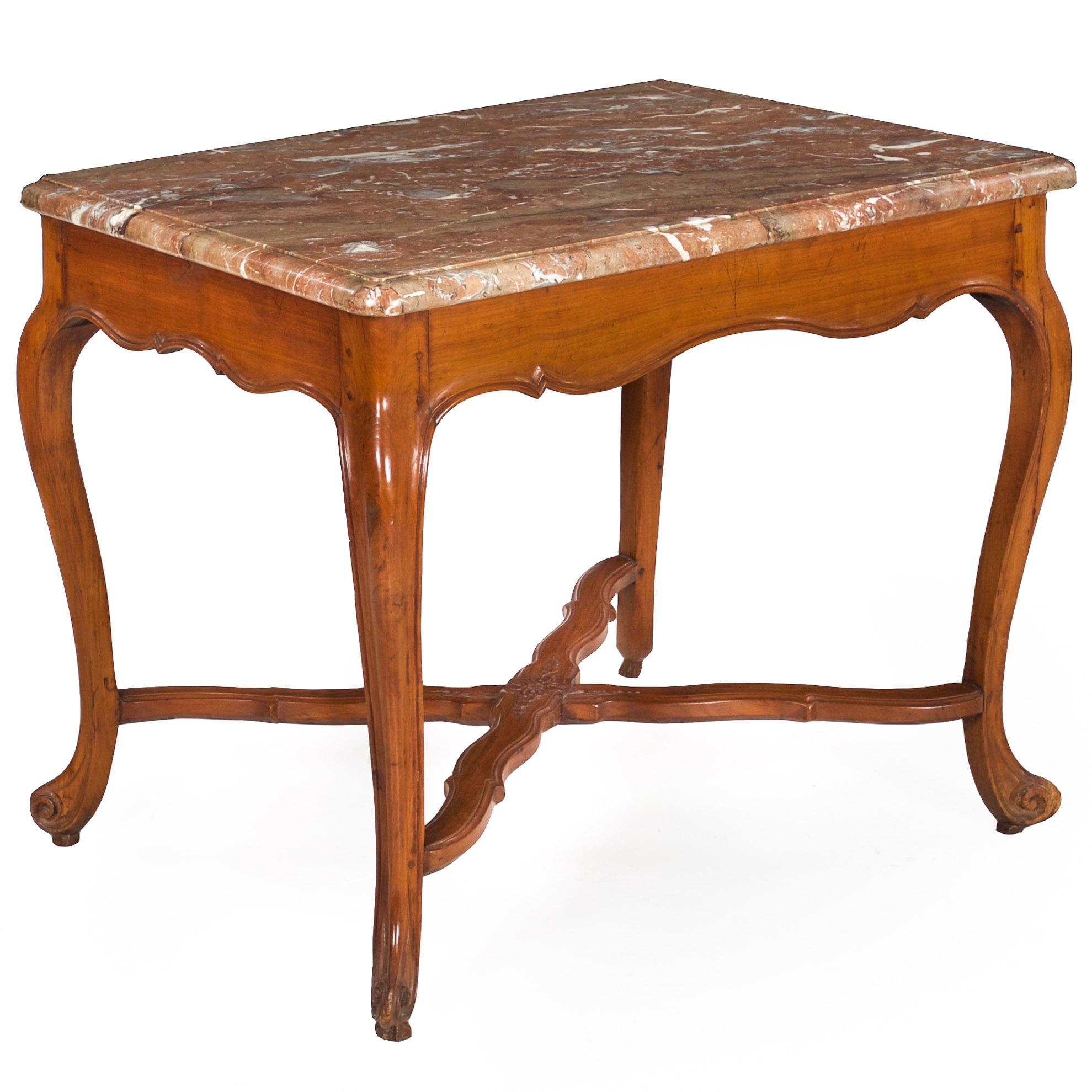 LOUIS XV PROVINCIAL CHERRYWOOD MARBLE-TOP CENTER TABLE
France, circa last quarter of the 18th century
Item # 111XPY03A 

A fine center table characterized by a veined rose-and-beige thumb-molded marble top projecting over an undulating 
