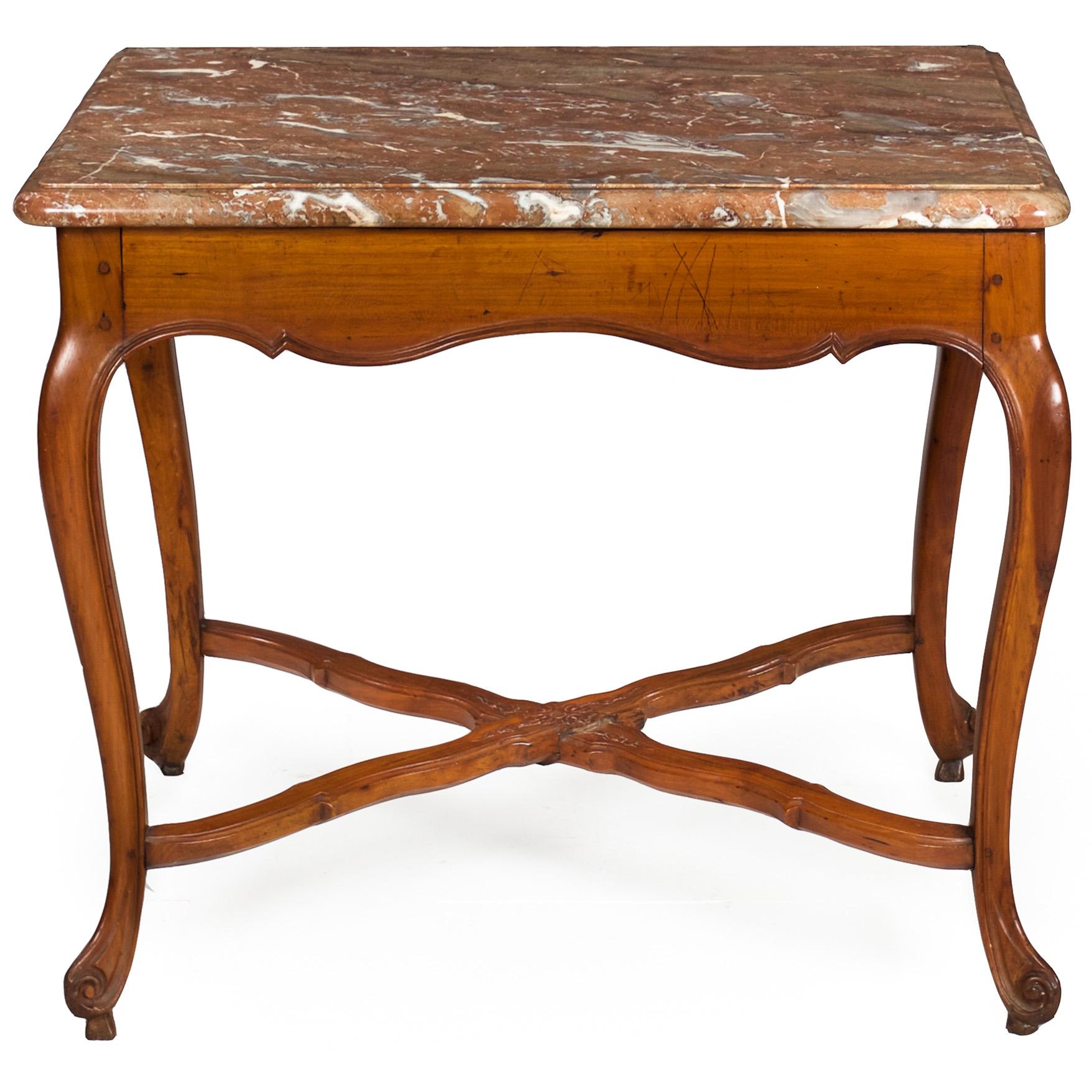 French Louis XV Period Provincial Cherry Center Table with Marble Top, 18th C In Good Condition For Sale In Shippensburg, PA