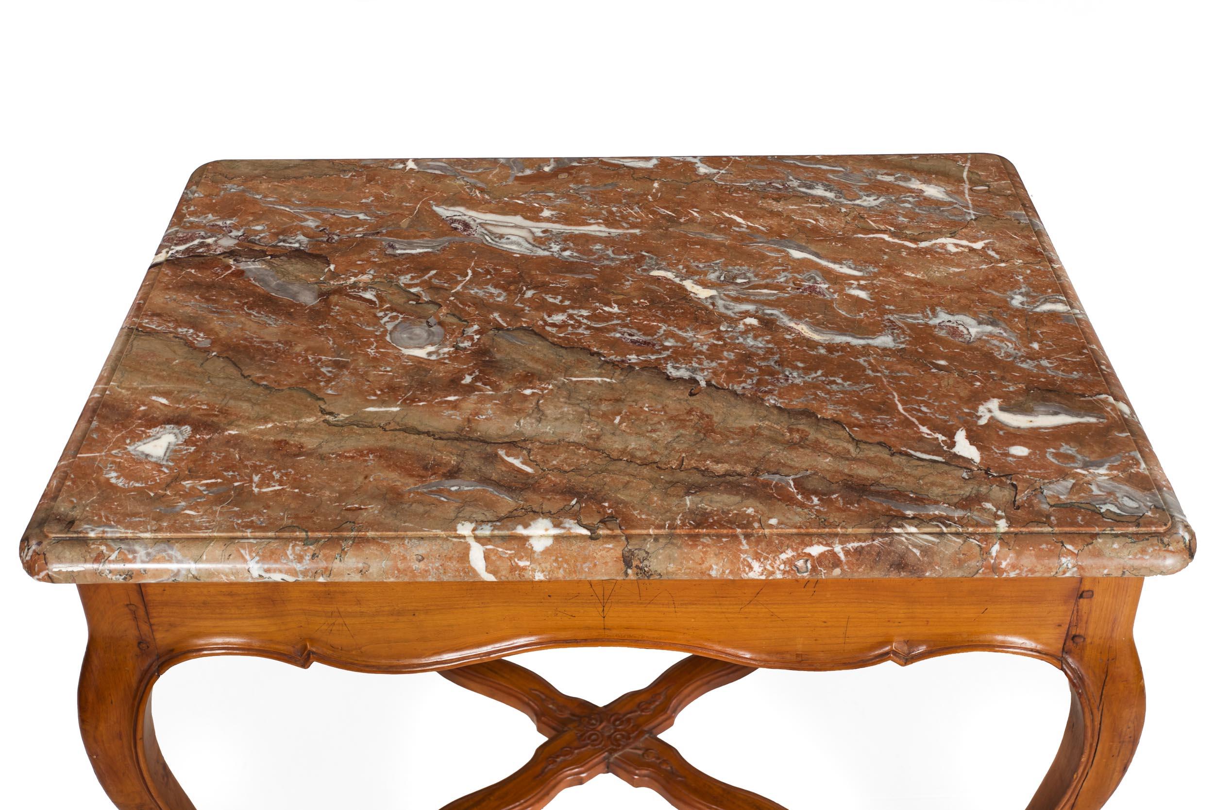 French Louis XV Period Provincial Cherry Center Table with Marble Top, 18th C For Sale 2