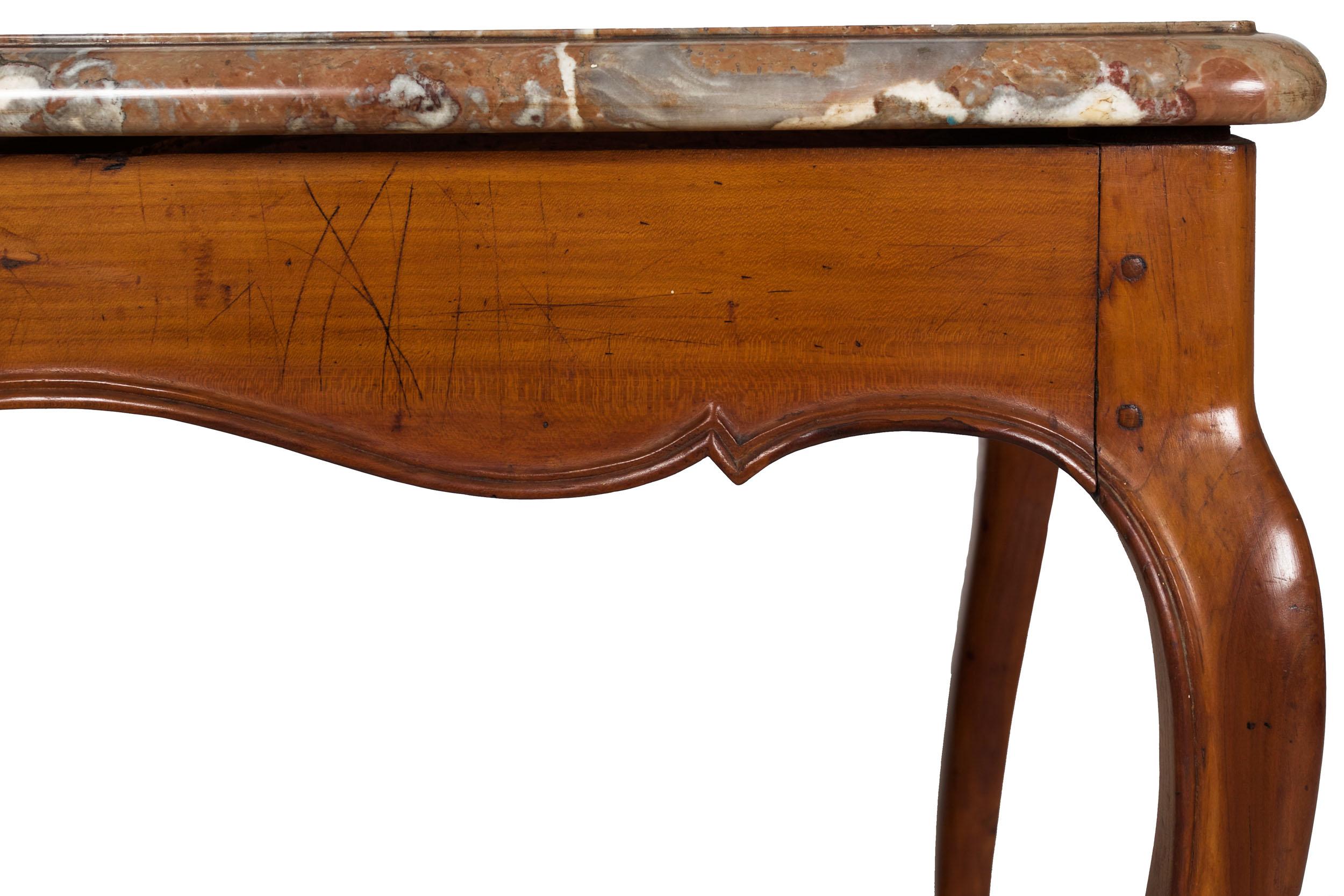 French Louis XV Period Provincial Cherry Center Table with Marble Top, 18th C For Sale 5
