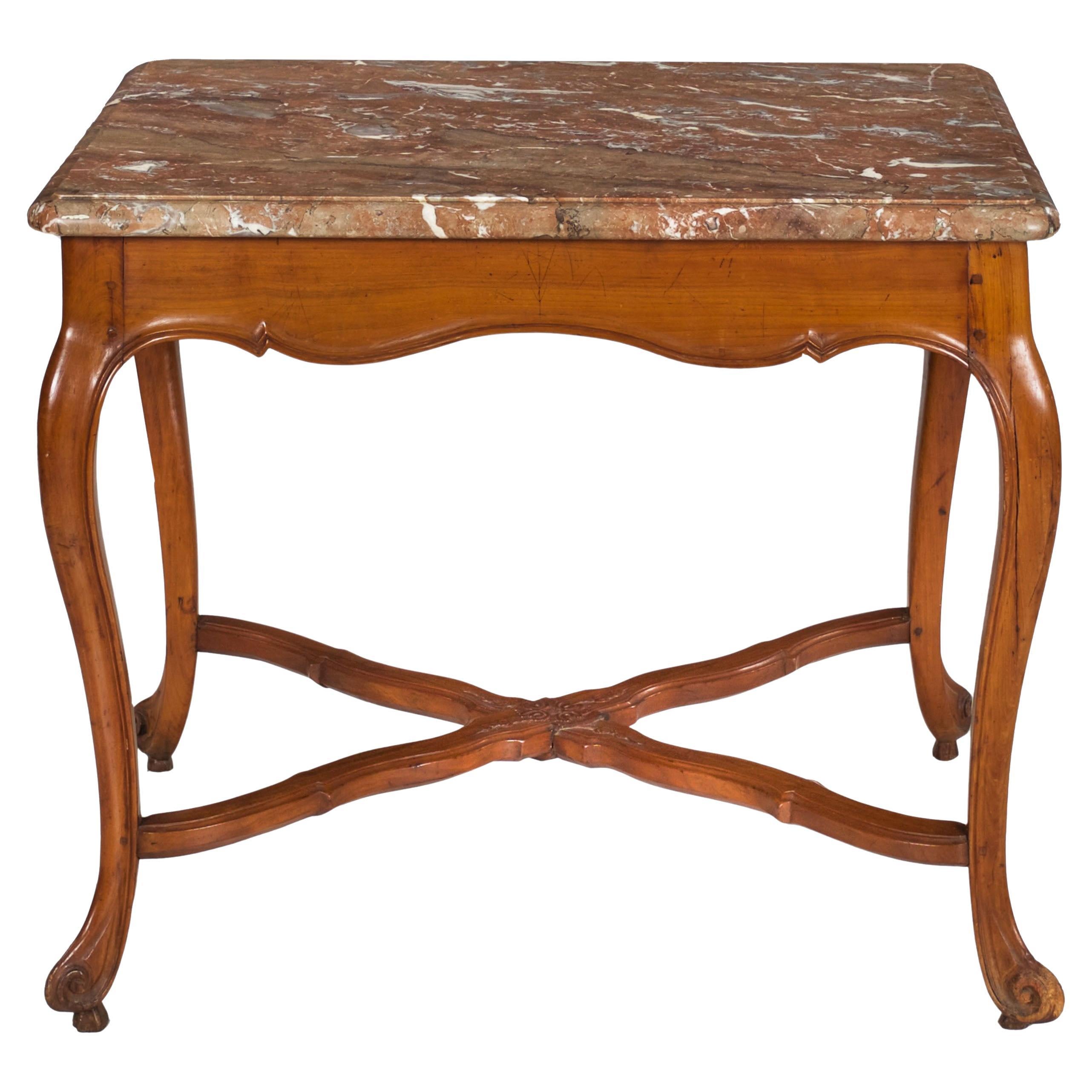 French Louis XV Period Provincial Cherry Center Table with Marble Top, 18th C For Sale