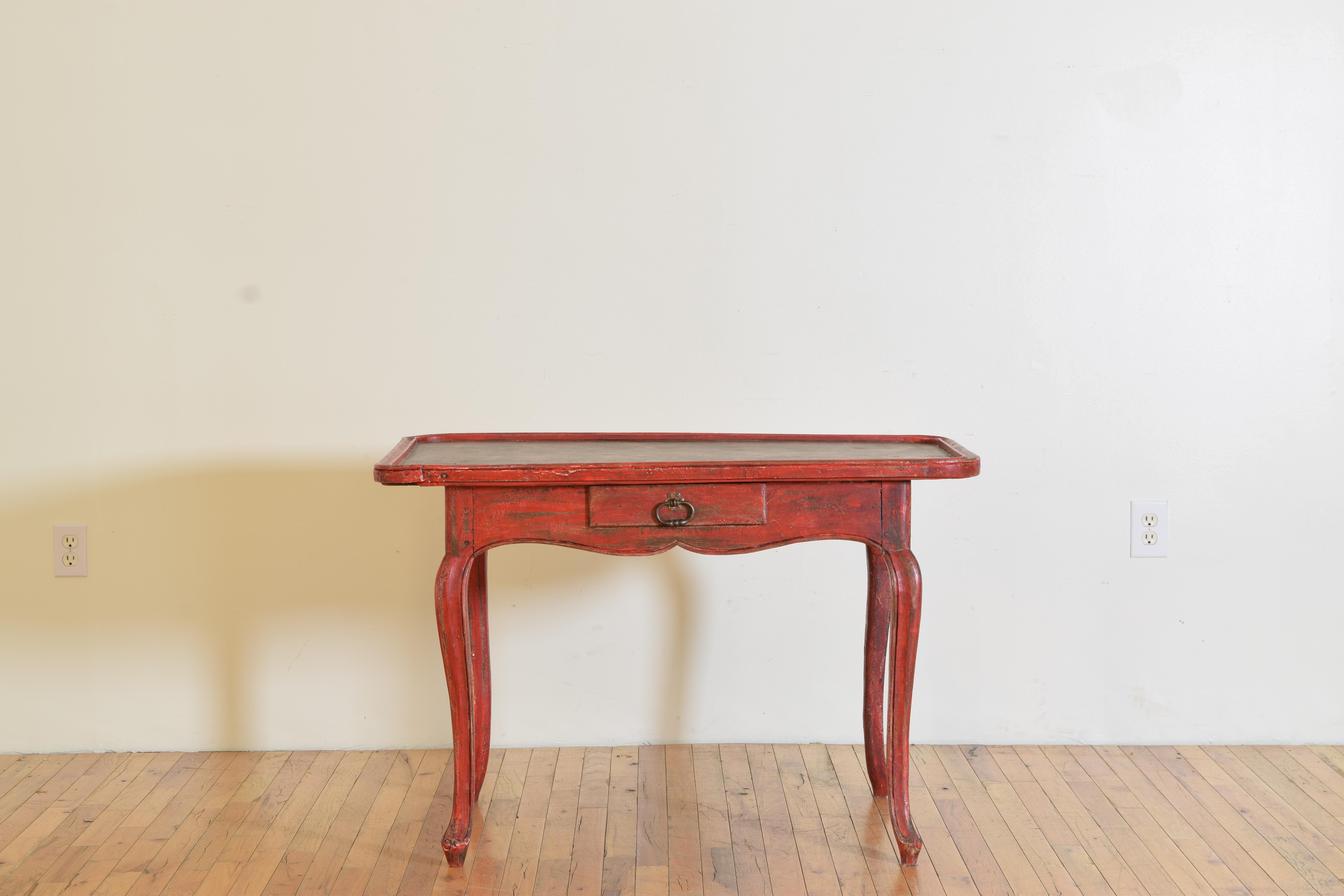 Hand-Painted French Louis XV Period Shape & Red Painted Walnut 1-Drawer Table, mid 18th cen. For Sale