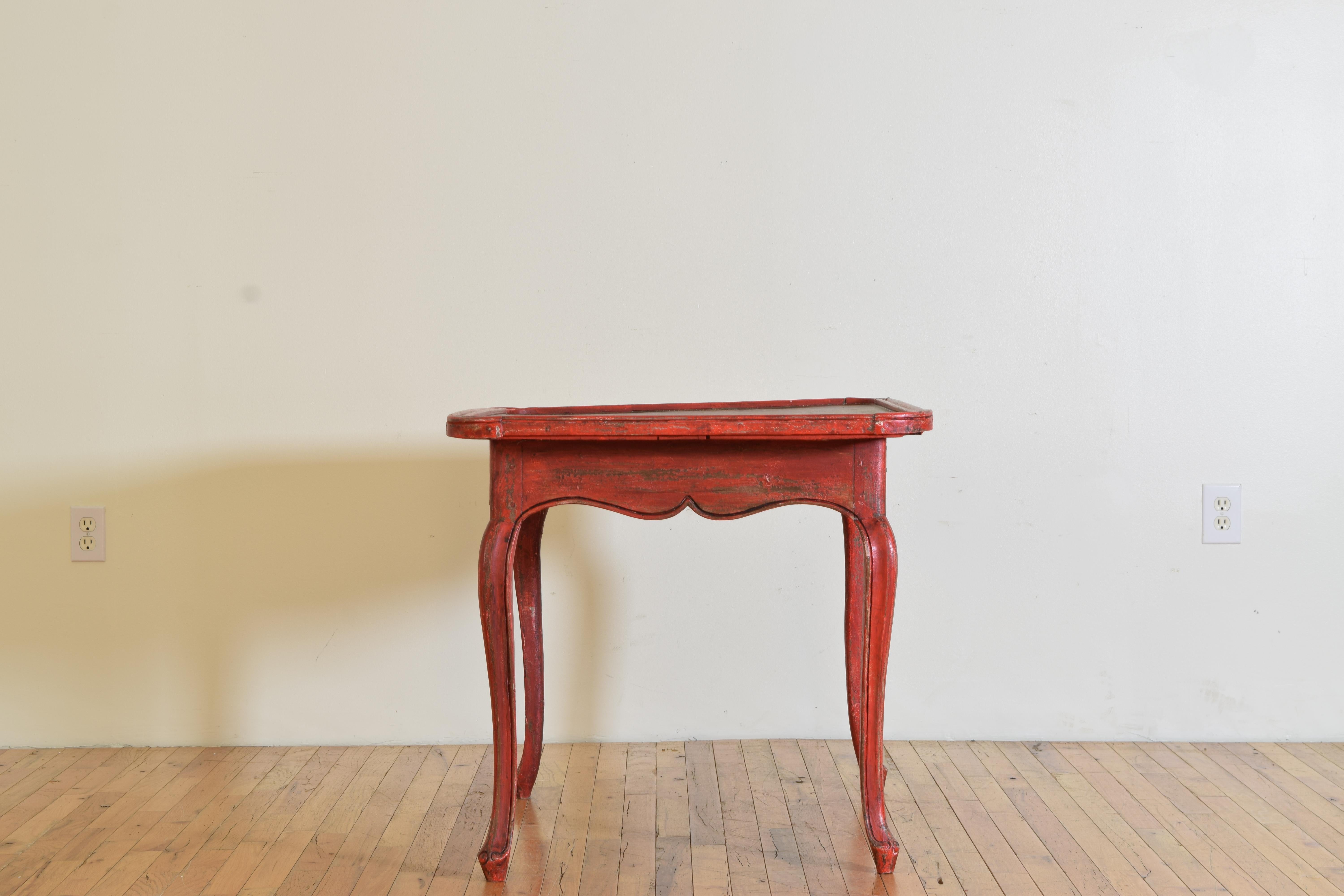 French Louis XV Period Shape & Red Painted Walnut 1-Drawer Table, mid 18th cen. In Good Condition For Sale In Atlanta, GA