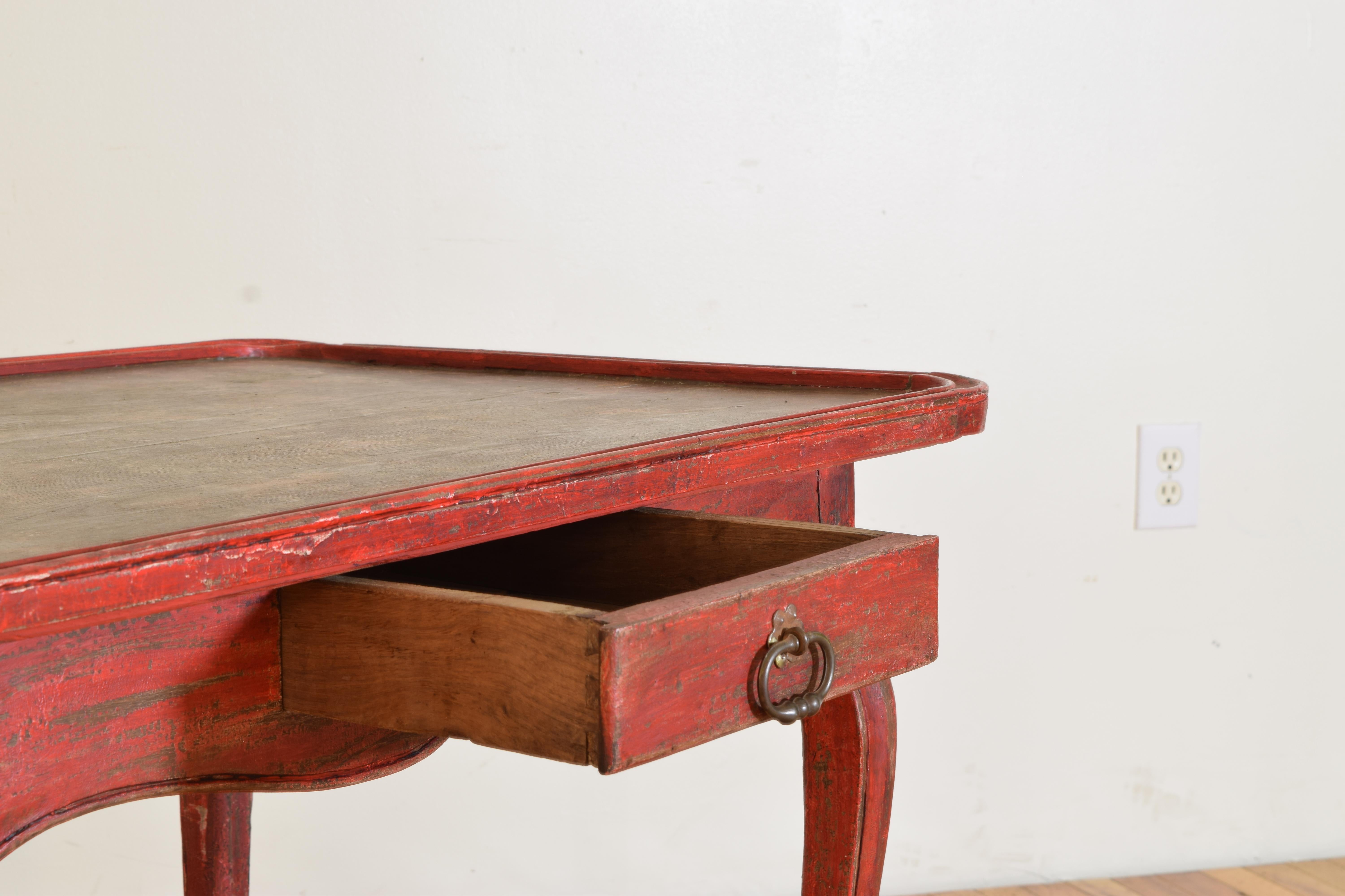 18th Century French Louis XV Period Shape & Red Painted Walnut 1-Drawer Table, mid 18th cen. For Sale