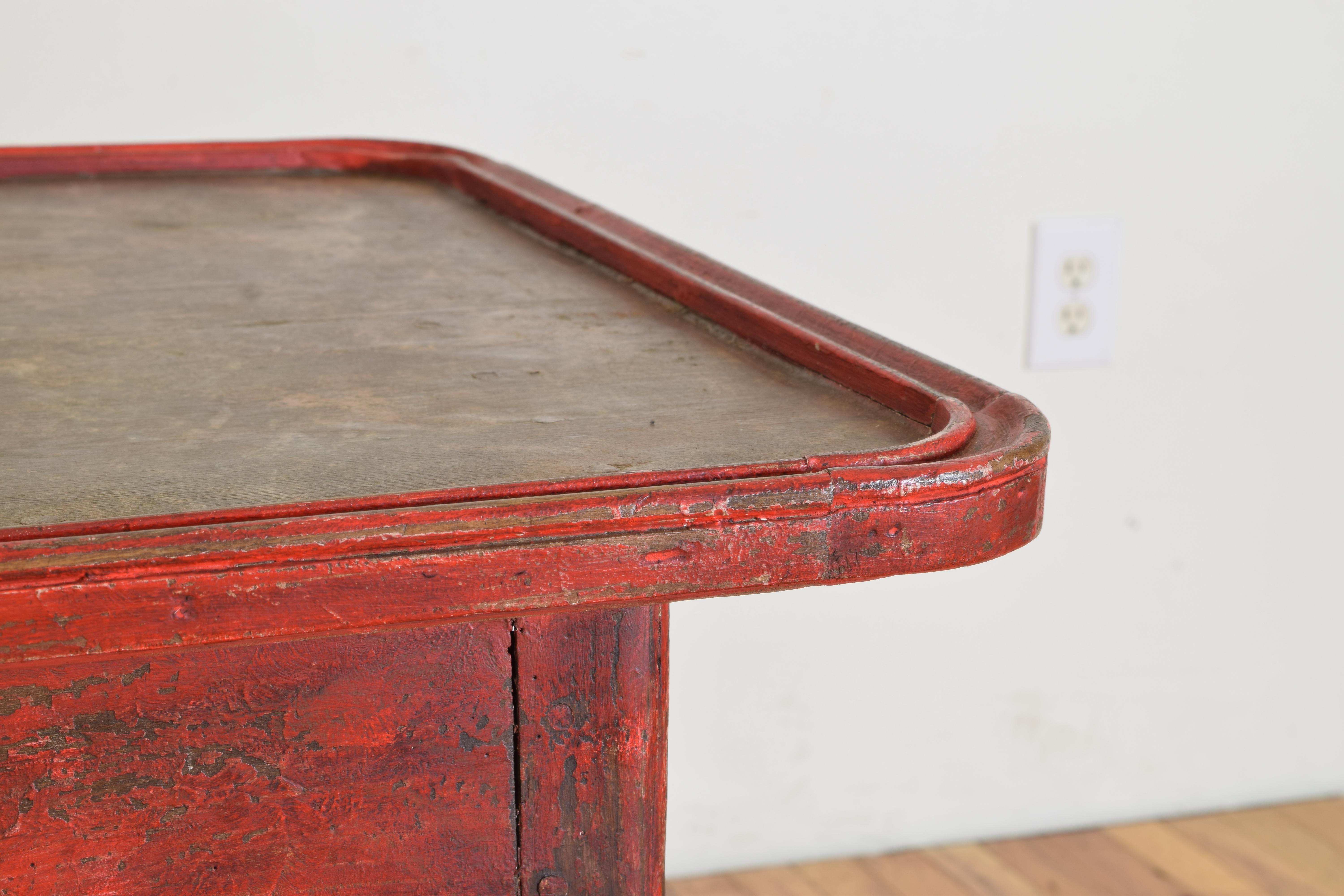 French Louis XV Period Shape & Red Painted Walnut 1-Drawer Table, mid 18th cen. For Sale 1