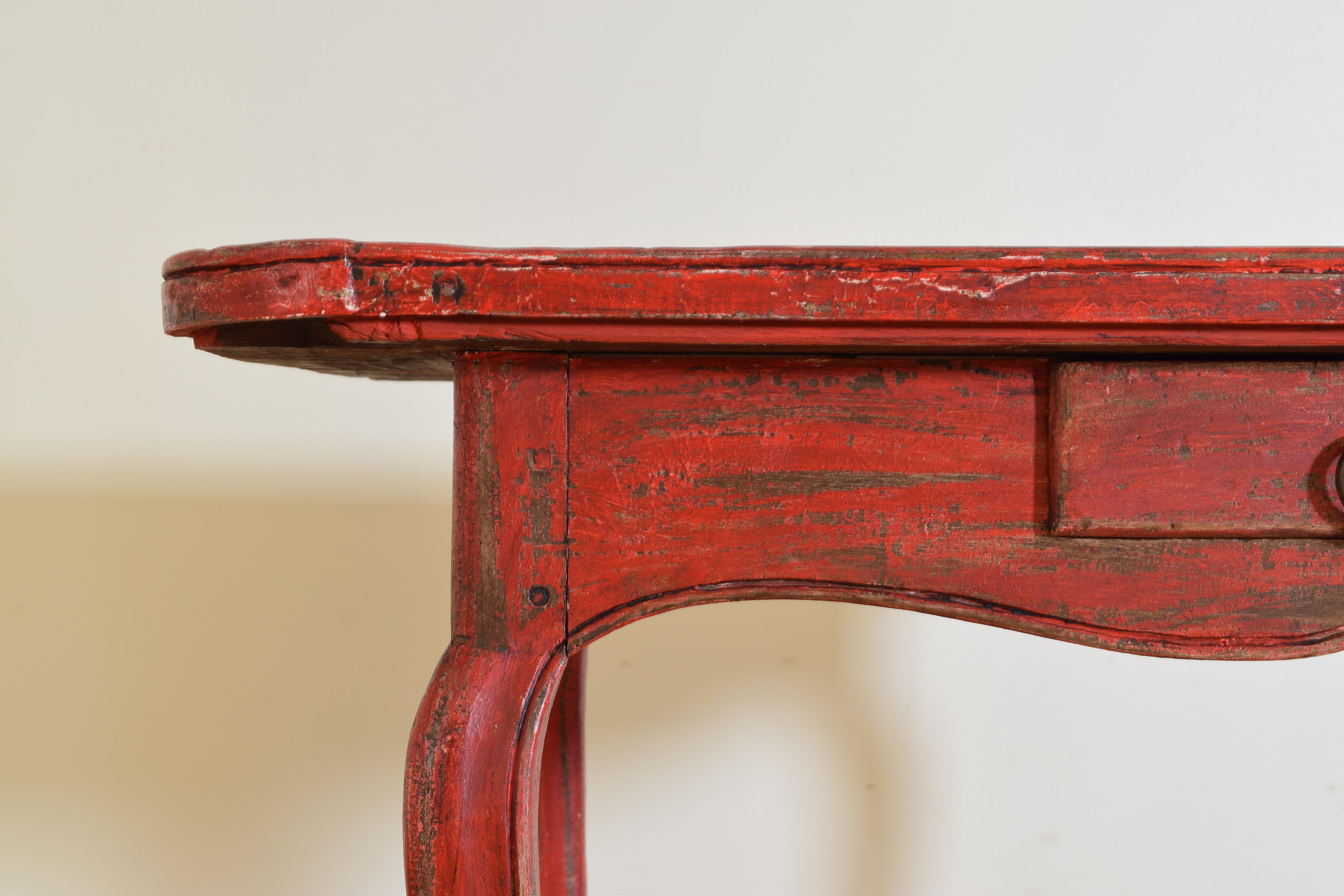 French Louis XV Period Shape & Red Painted Walnut 1-Drawer Table, mid 18th cen. For Sale 2