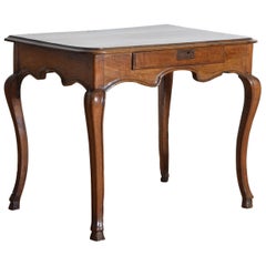 French Louis XV Period Walnut 1-Drawer Table, Carved Apron, Mid-18th Century