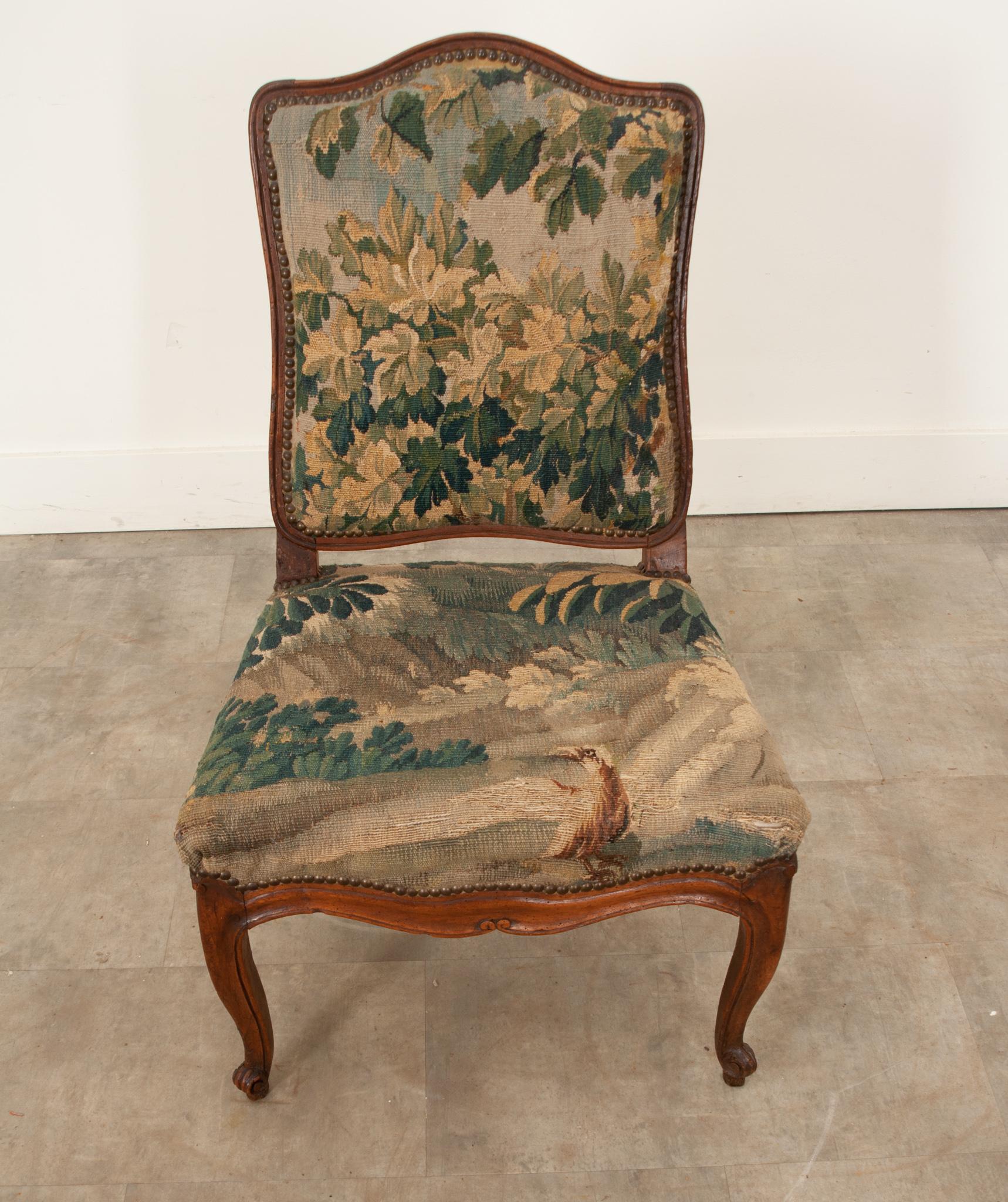 Hand-Carved French Louis XV Period Walnut Chair with Original Tapestry
