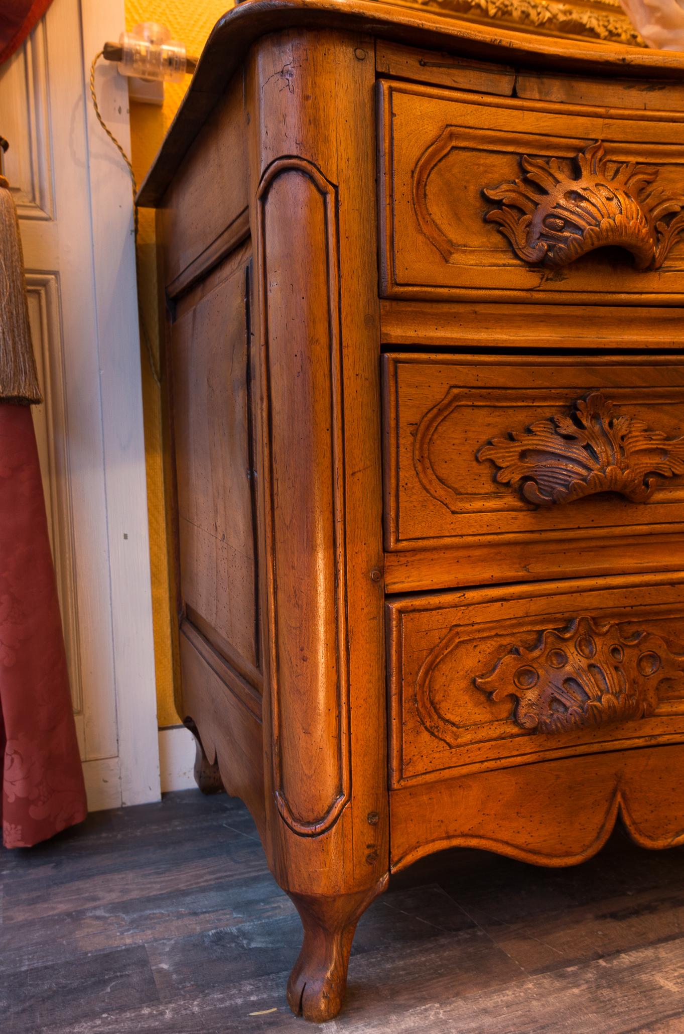 18th Century French Louis XV Period Walnut Hand Carved Commode, circa 1750 For Sale