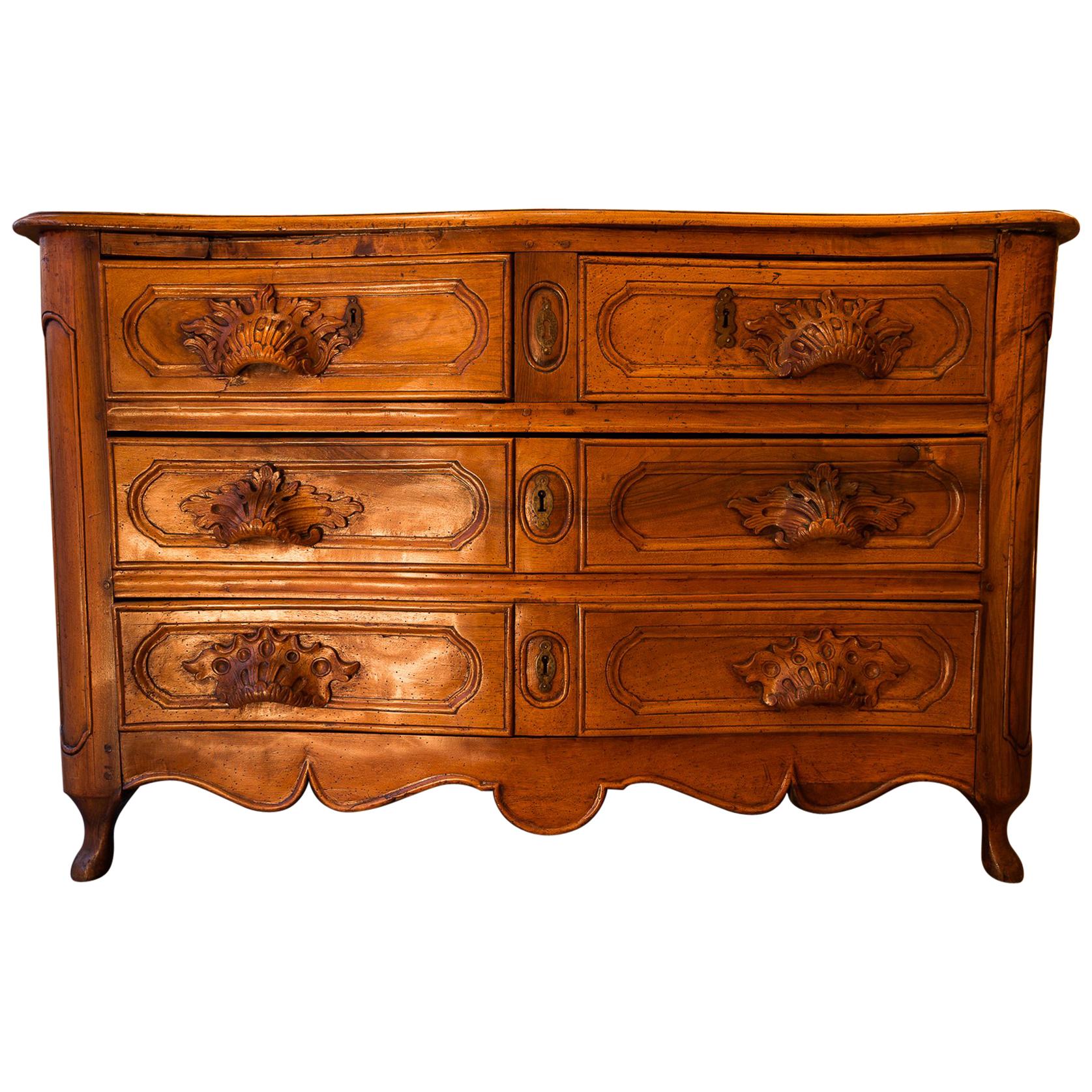 French Louis XV Period Walnut Hand-Carved Commode, circa 1750 For Sale