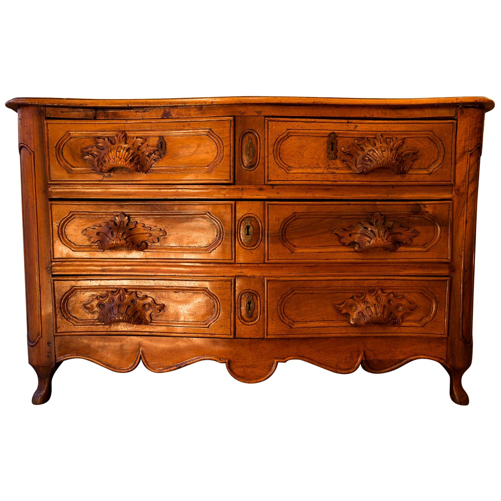 French Louis XV Period Walnut Hand Carved Commode, circa 1750 For Sale