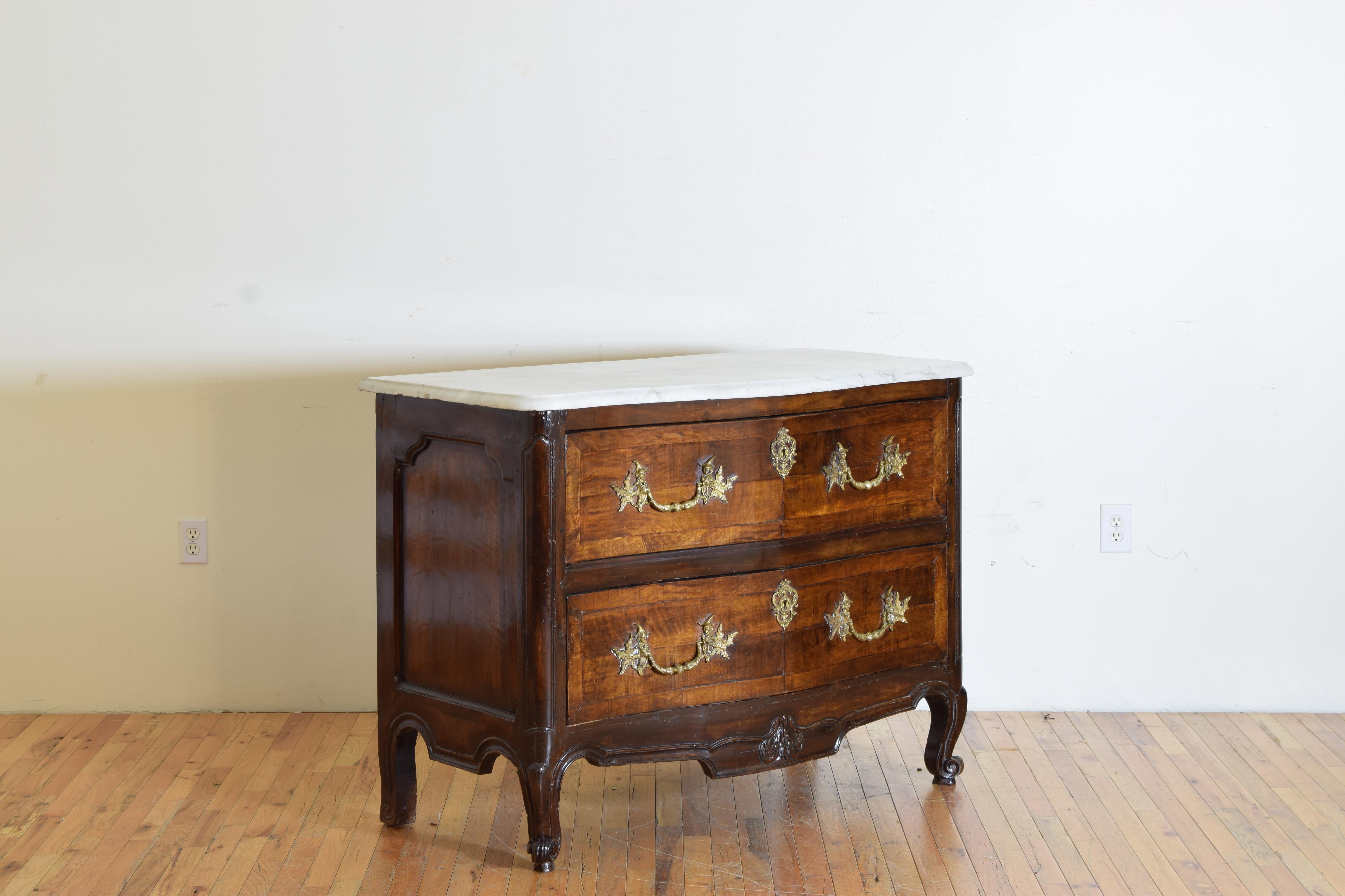 French Louis XV Period Walnut & Inlaid Marble Top Commode, mid 18th century In Good Condition For Sale In Atlanta, GA