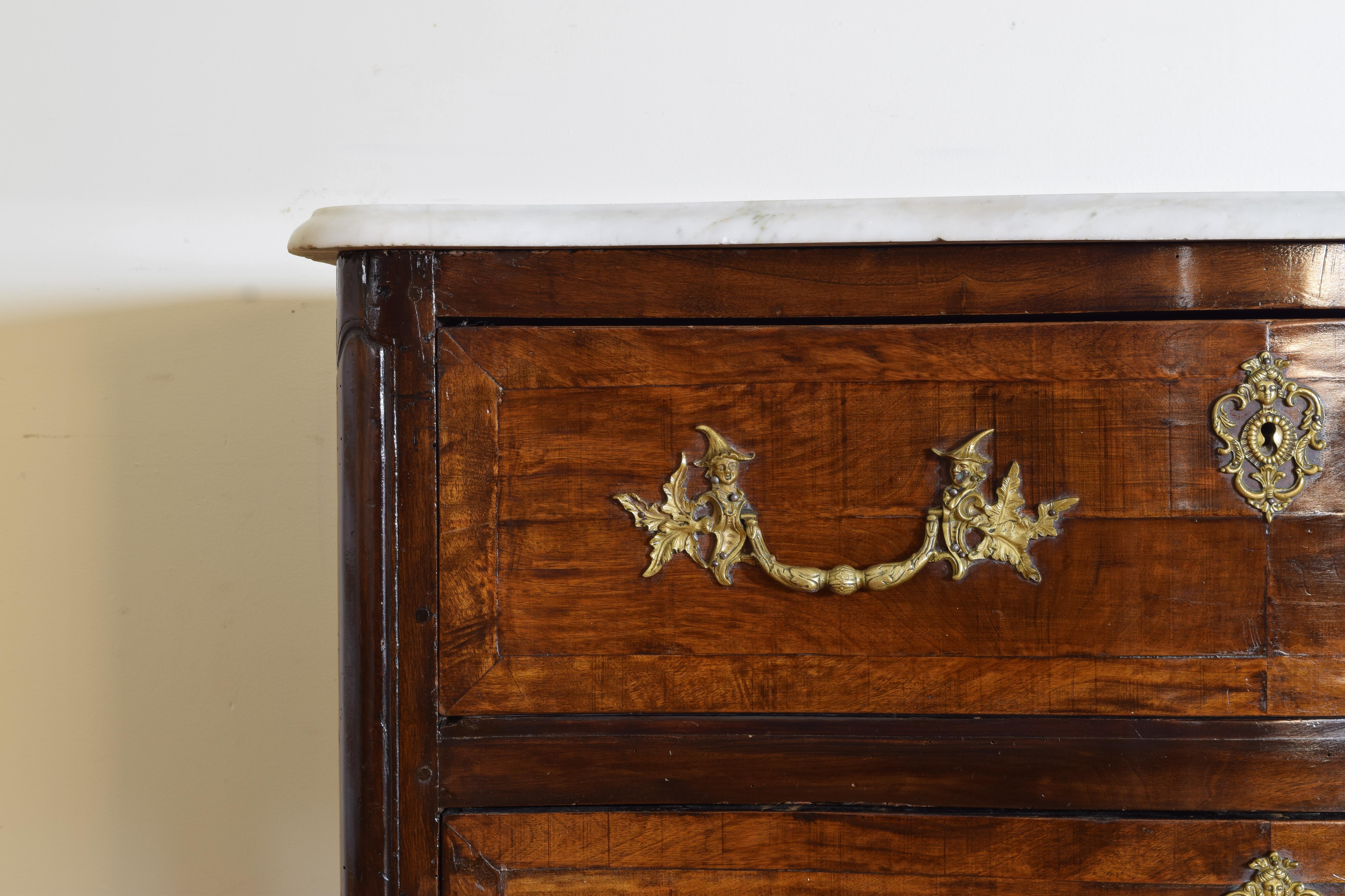 French Louis XV Period Walnut & Inlaid Marble Top Commode, mid 18th century For Sale 4