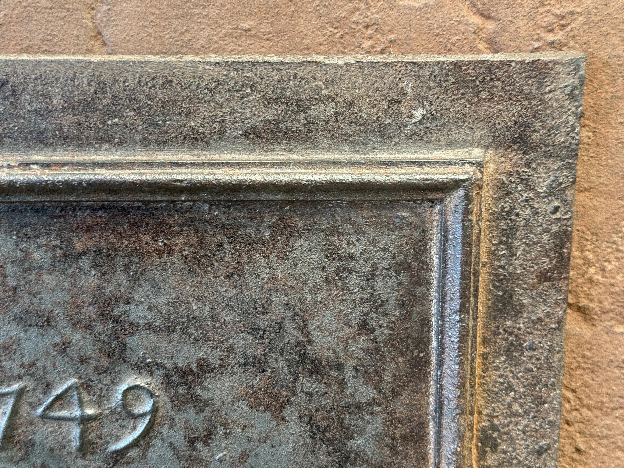 Iron French Louis XV Period 'Year' Fireback / Backsplash, Dated 1749 For Sale