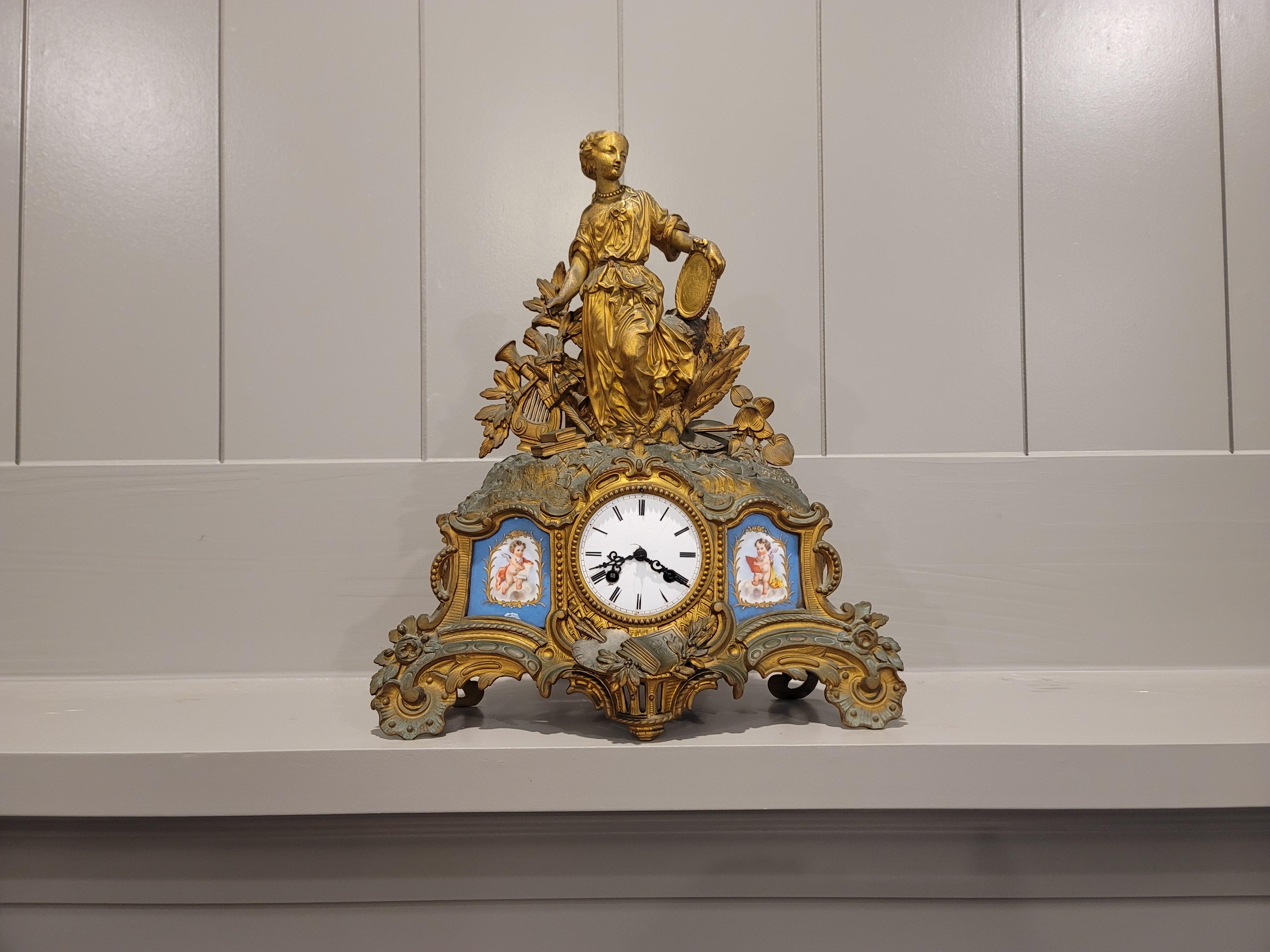 French Louis XV Porcelain Patinated Gilt Bronze Clock Signed Hottot Japy Freres For Sale 6