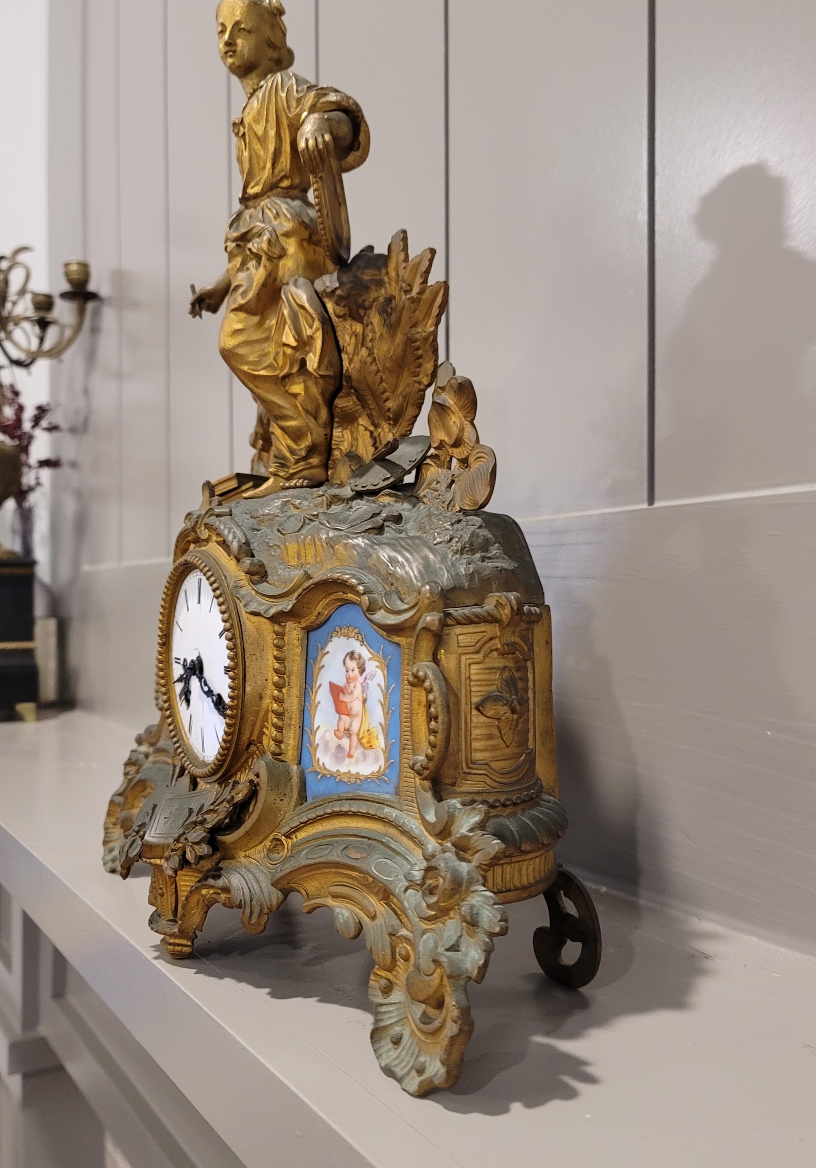 French Louis XV Porcelain Patinated Gilt Bronze Clock Signed Hottot Japy Freres For Sale 8