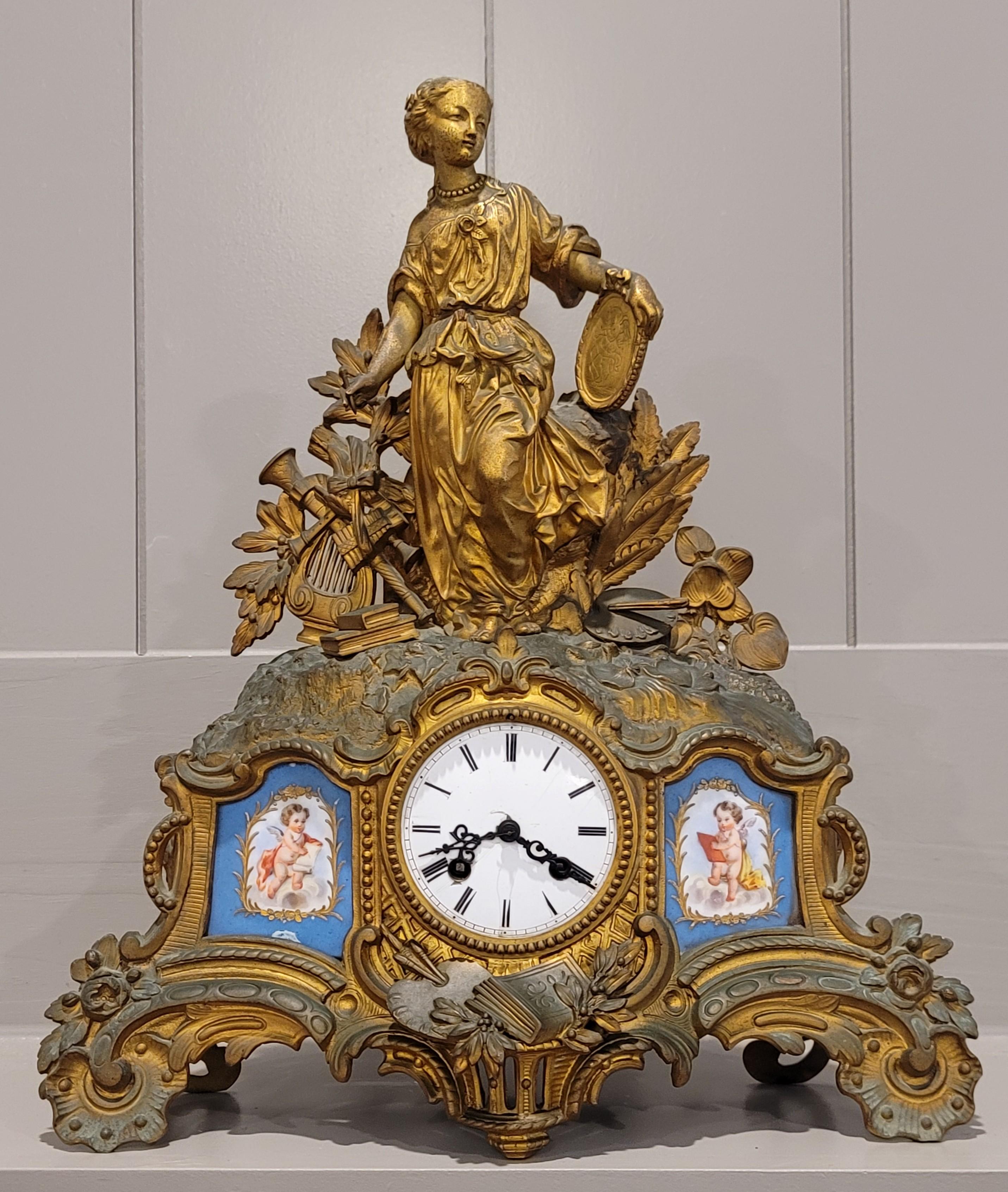French Louis XV Porcelain Patinated Gilt Bronze Clock Signed Hottot Japy Freres For Sale 14