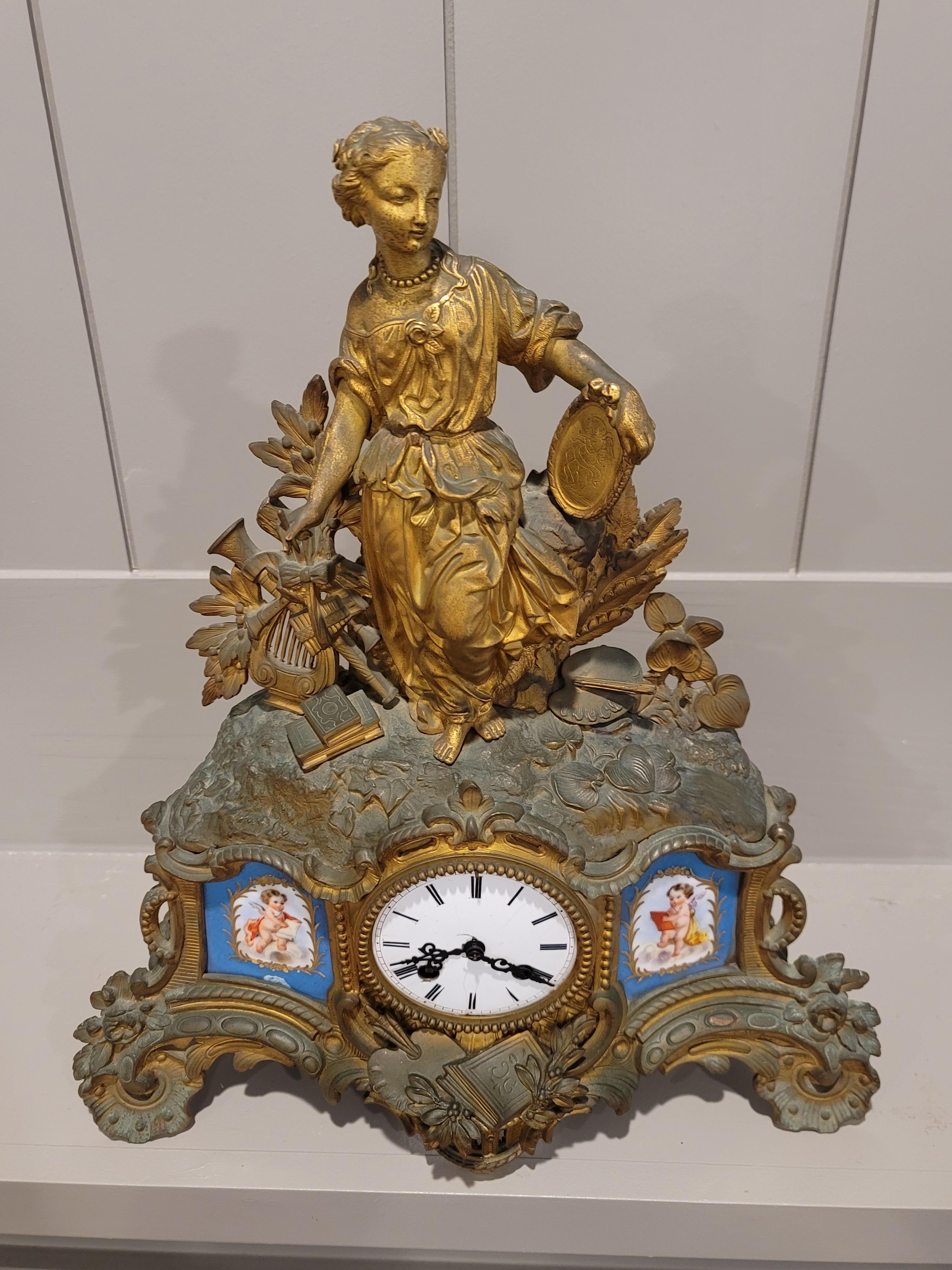 French Louis XV Porcelain Patinated Gilt Bronze Clock Signed Hottot Japy Freres In Good Condition For Sale In Forney, TX