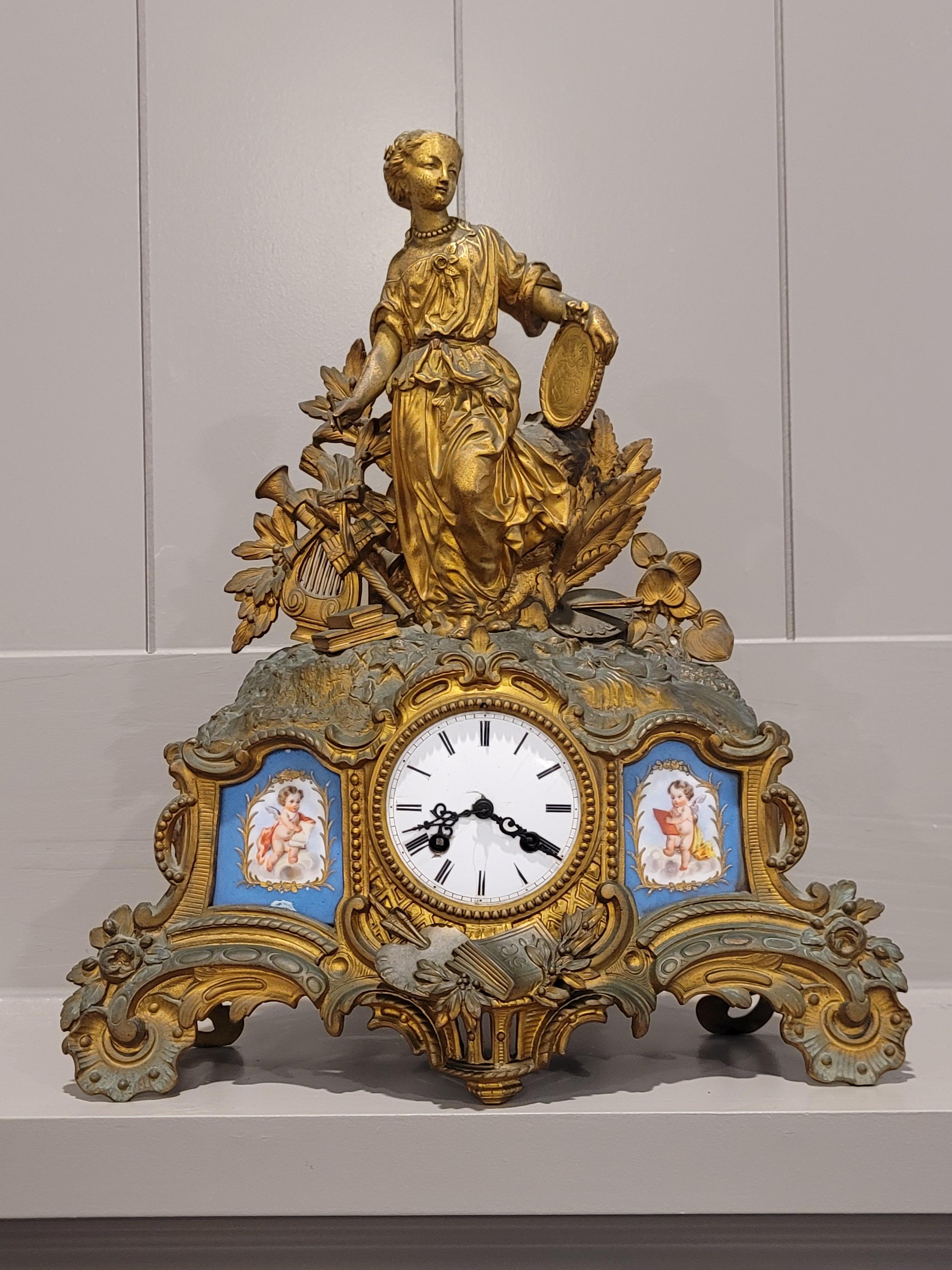 19th Century French Louis XV Porcelain Patinated Gilt Bronze Clock Signed Hottot Japy Freres For Sale