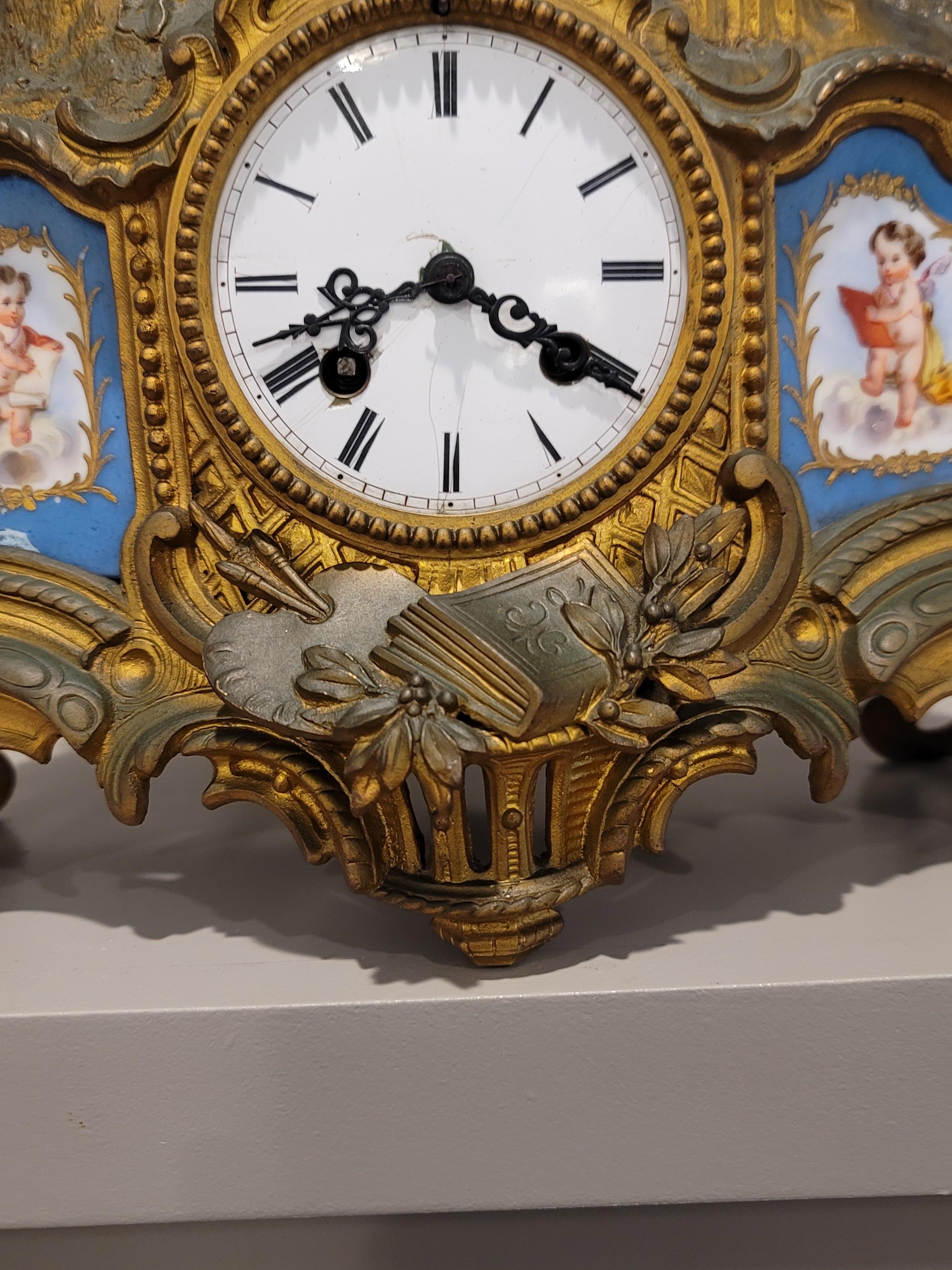 French Louis XV Porcelain Patinated Gilt Bronze Clock Signed Hottot Japy Freres For Sale 1