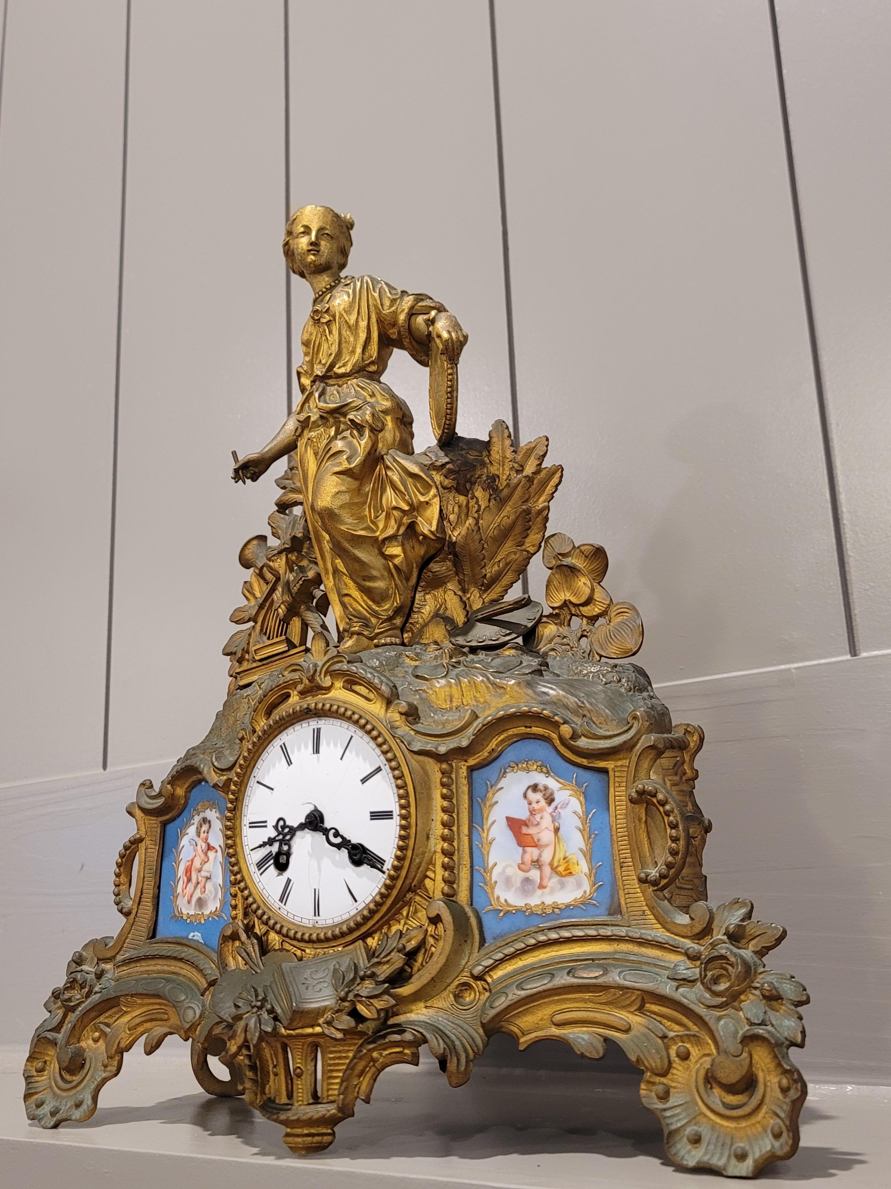 French Louis XV Porcelain Patinated Gilt Bronze Clock Signed Hottot Japy Freres For Sale 2