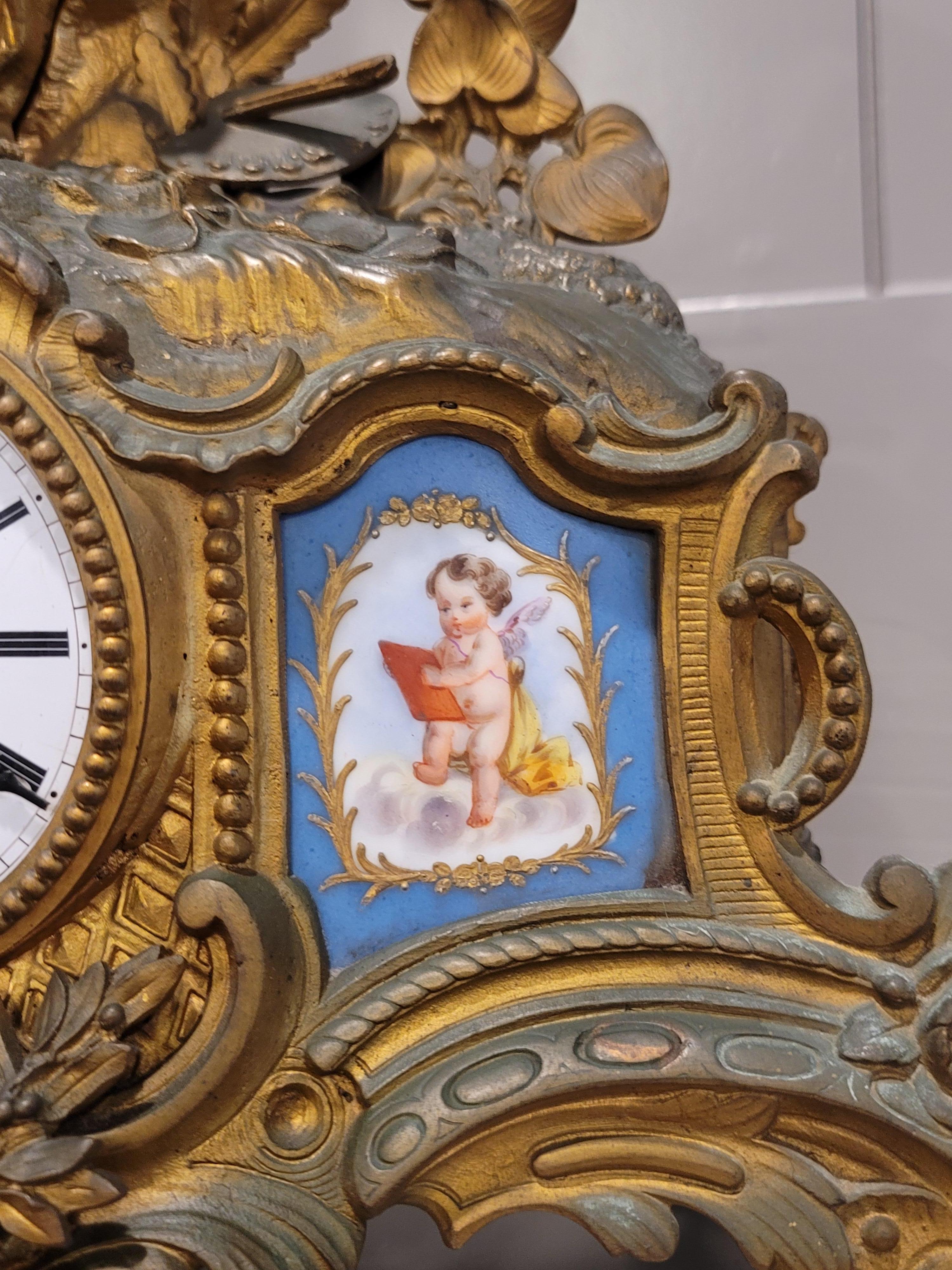 French Louis XV Porcelain Patinated Gilt Bronze Clock Signed Hottot Japy Freres For Sale 3