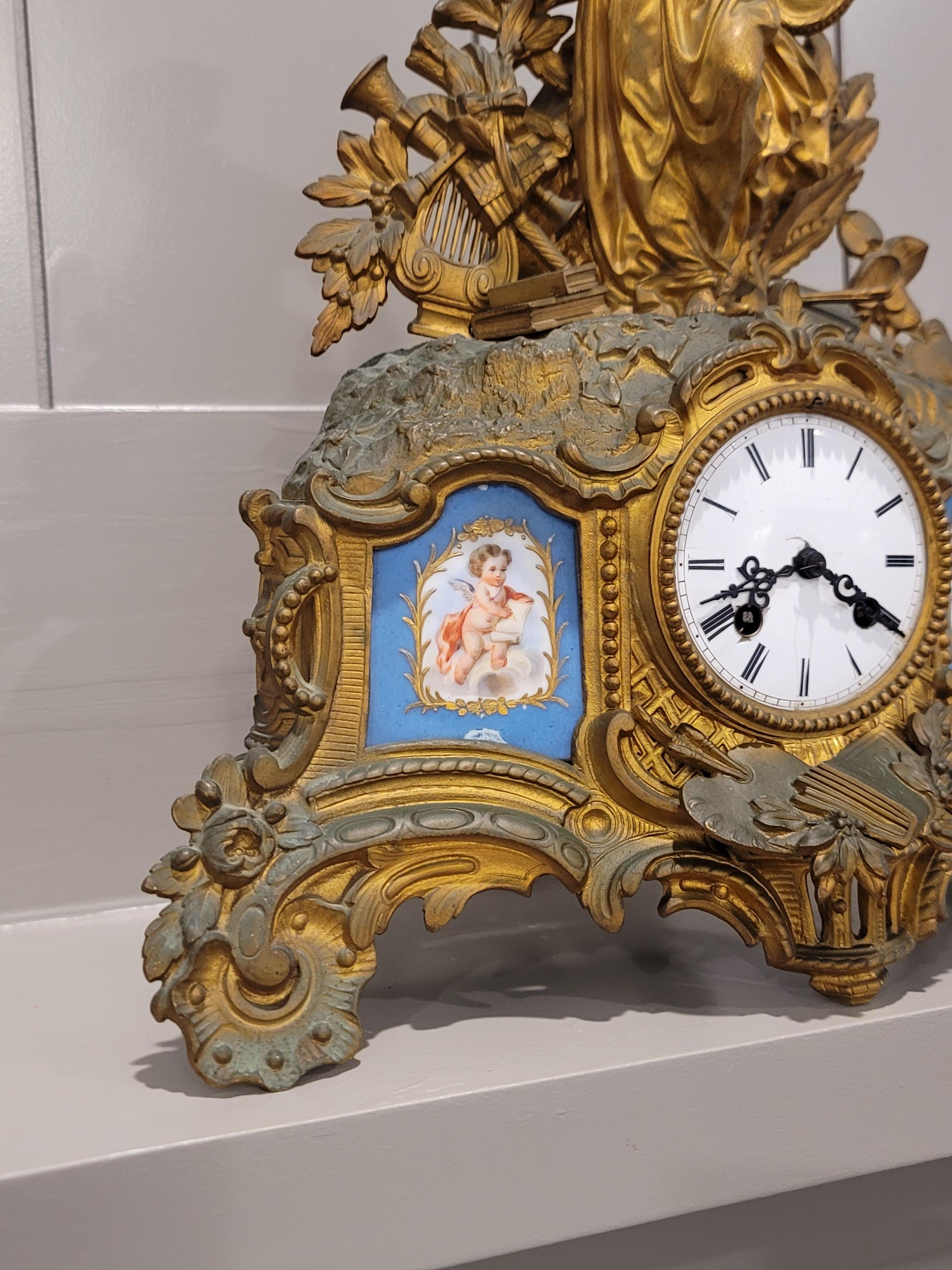 French Louis XV Porcelain Patinated Gilt Bronze Clock Signed Hottot Japy Freres For Sale 4