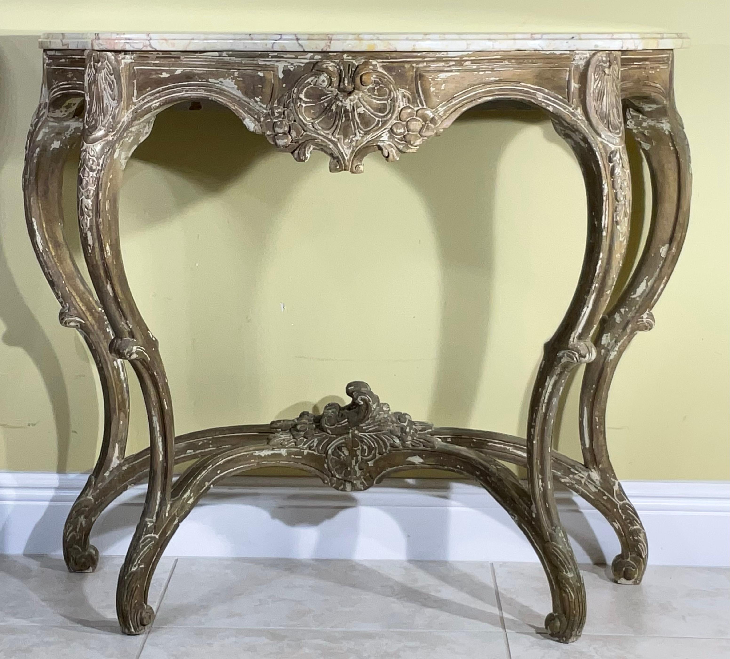 Hand-Carved French Louis XV Provencal Style, Antique Marble-Top Console Table
