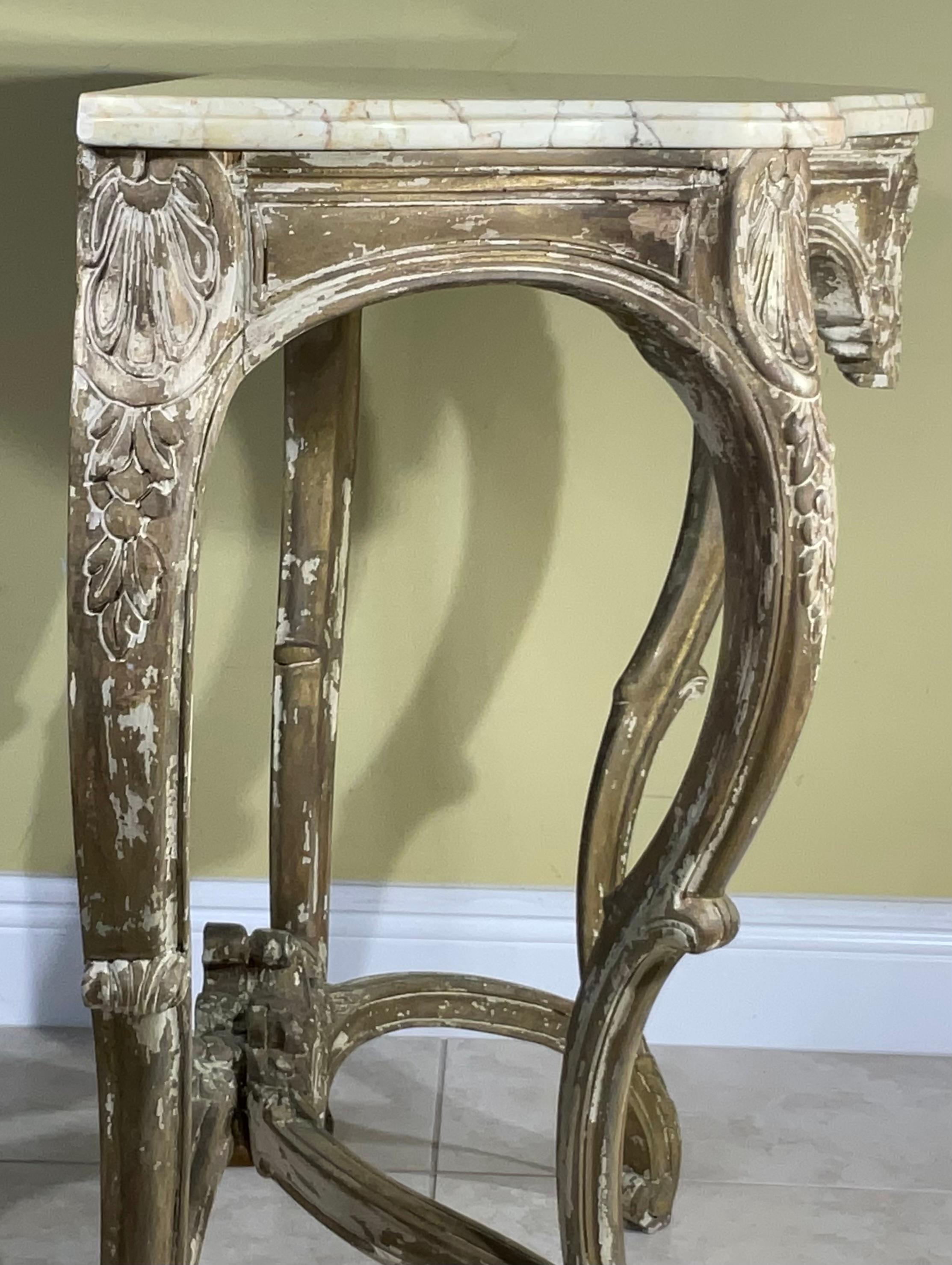 French Louis XV Provencal Style, Antique Marble-Top Console Table In Good Condition In Delray Beach, FL