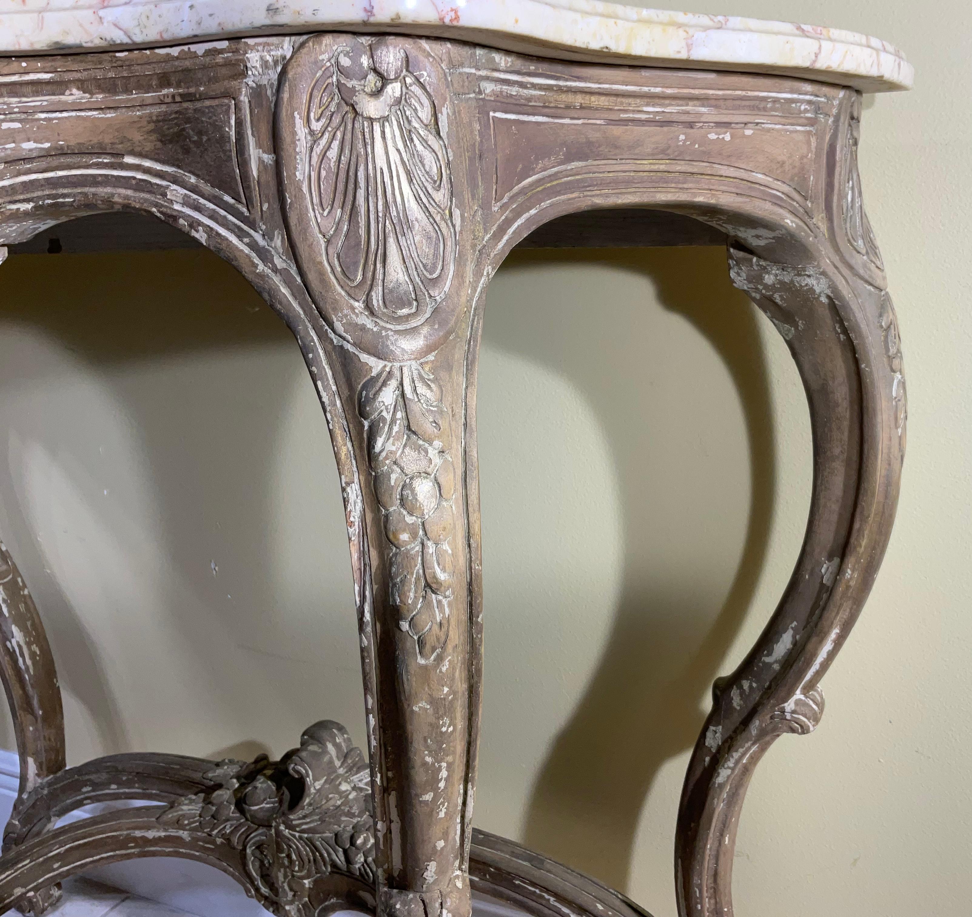 French Louis XV Provencal Style, Antique Marble-Top Console Table 3