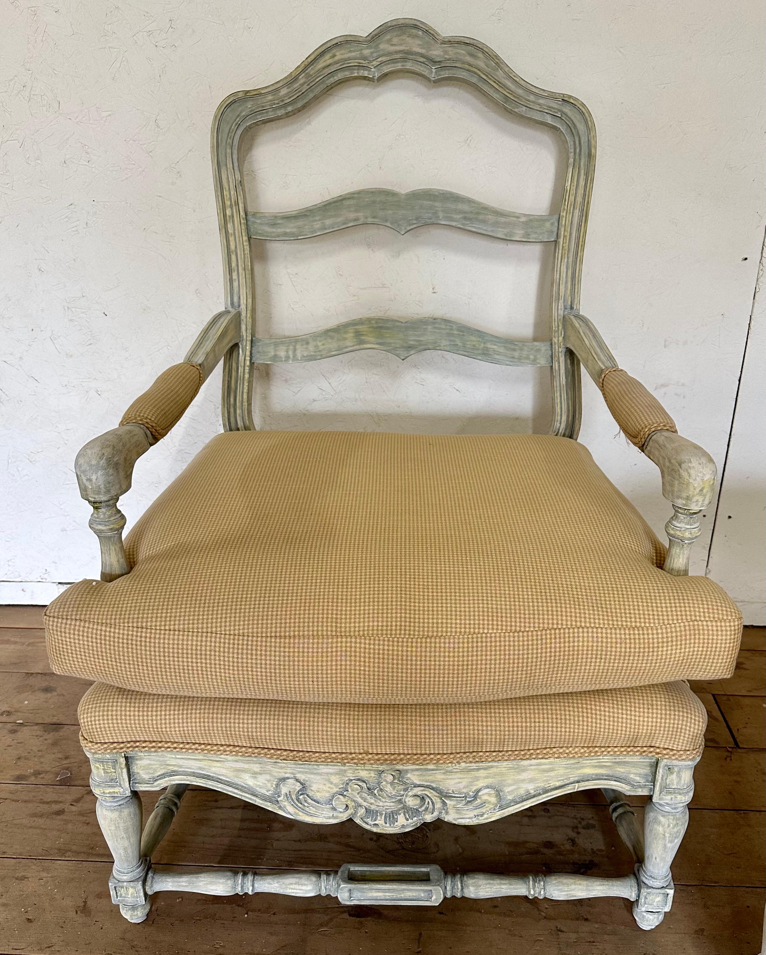 Painted French Louis XV Provincial Style Bergere Lounge chair and Ottoman For Sale