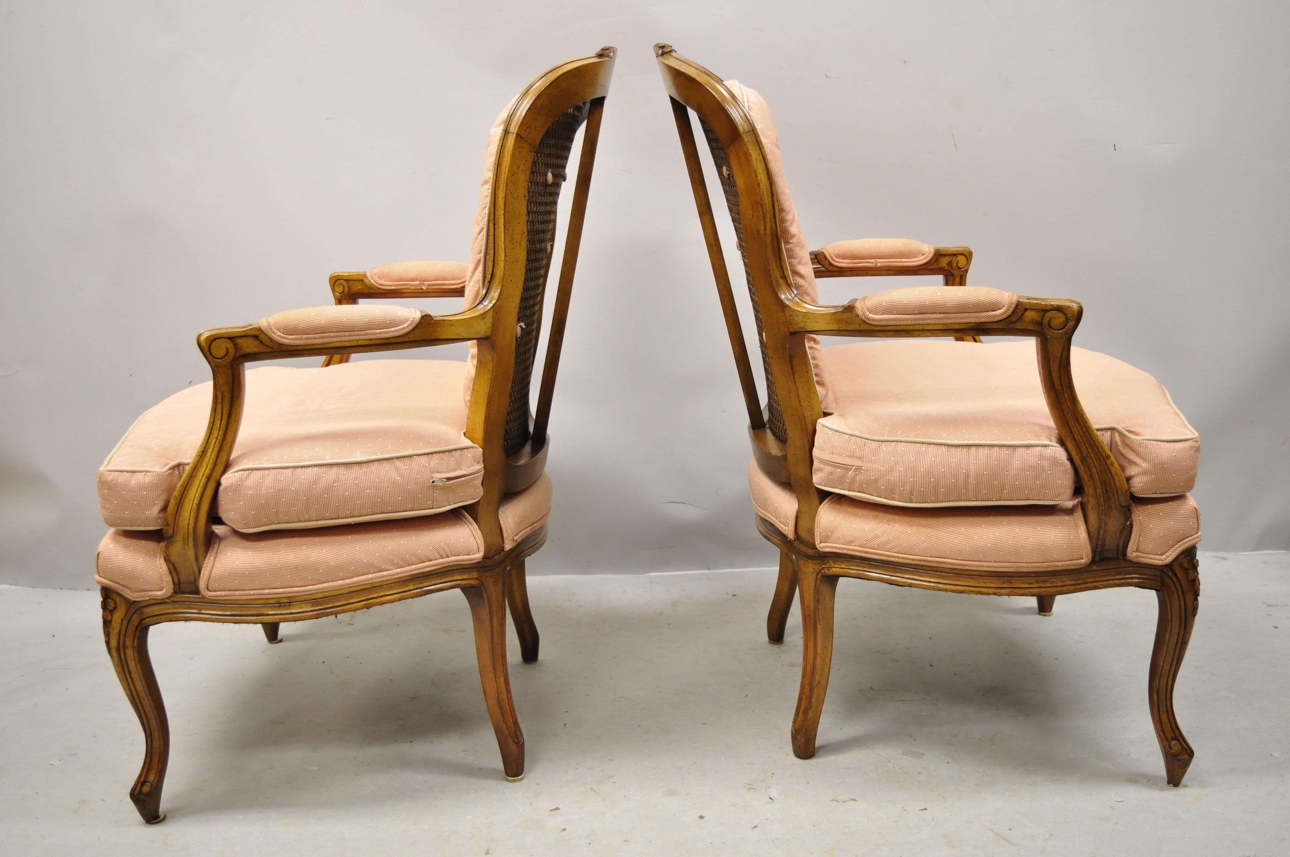 Italian French Louis XV Provincial Style Carved Walnut Cane Back Armchairs, a Pair For Sale
