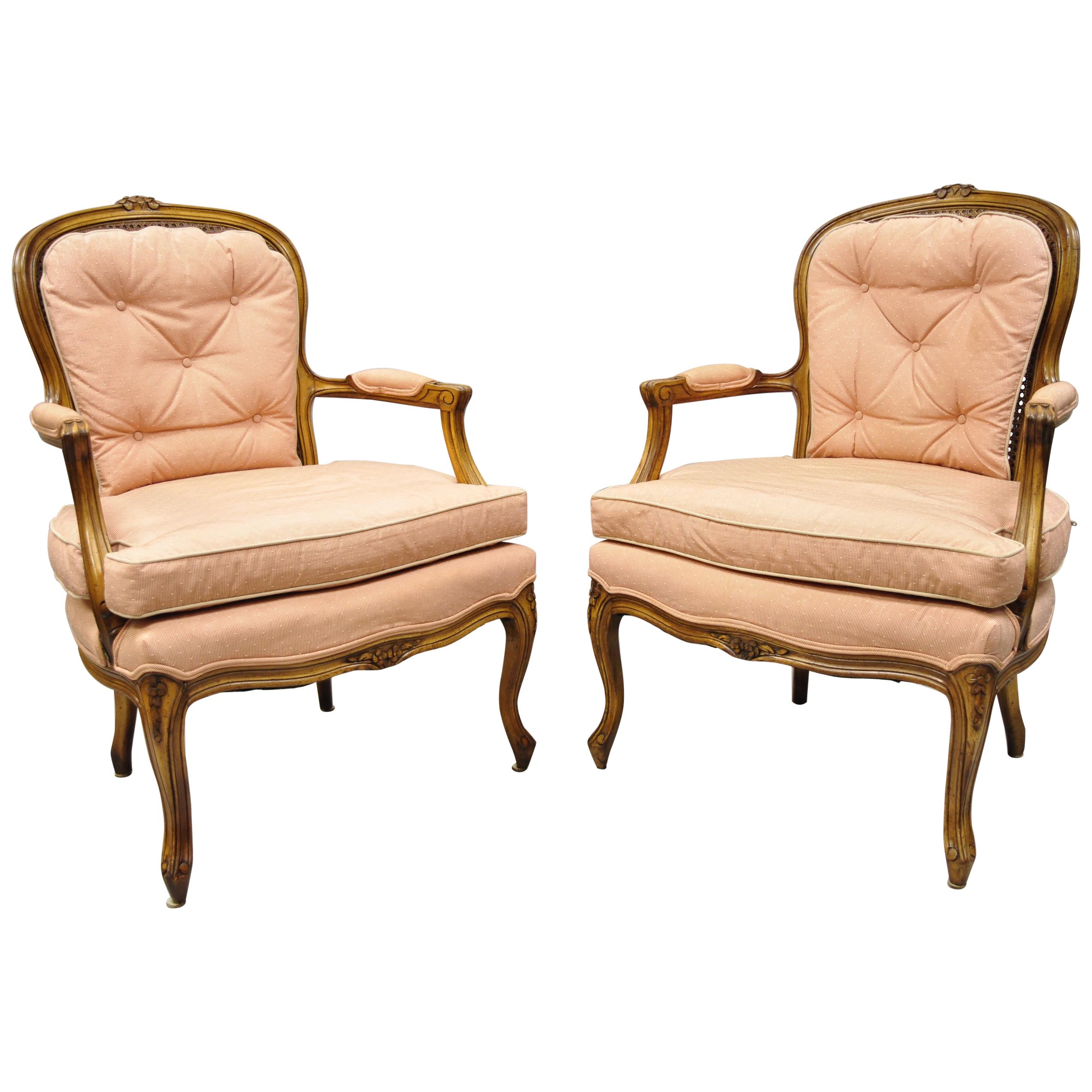 French Louis XV Provincial Style Carved Walnut Cane Back Armchairs, a Pair