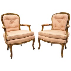 Vintage French Louis XV Provincial Style Carved Walnut Cane Back Armchairs, a Pair